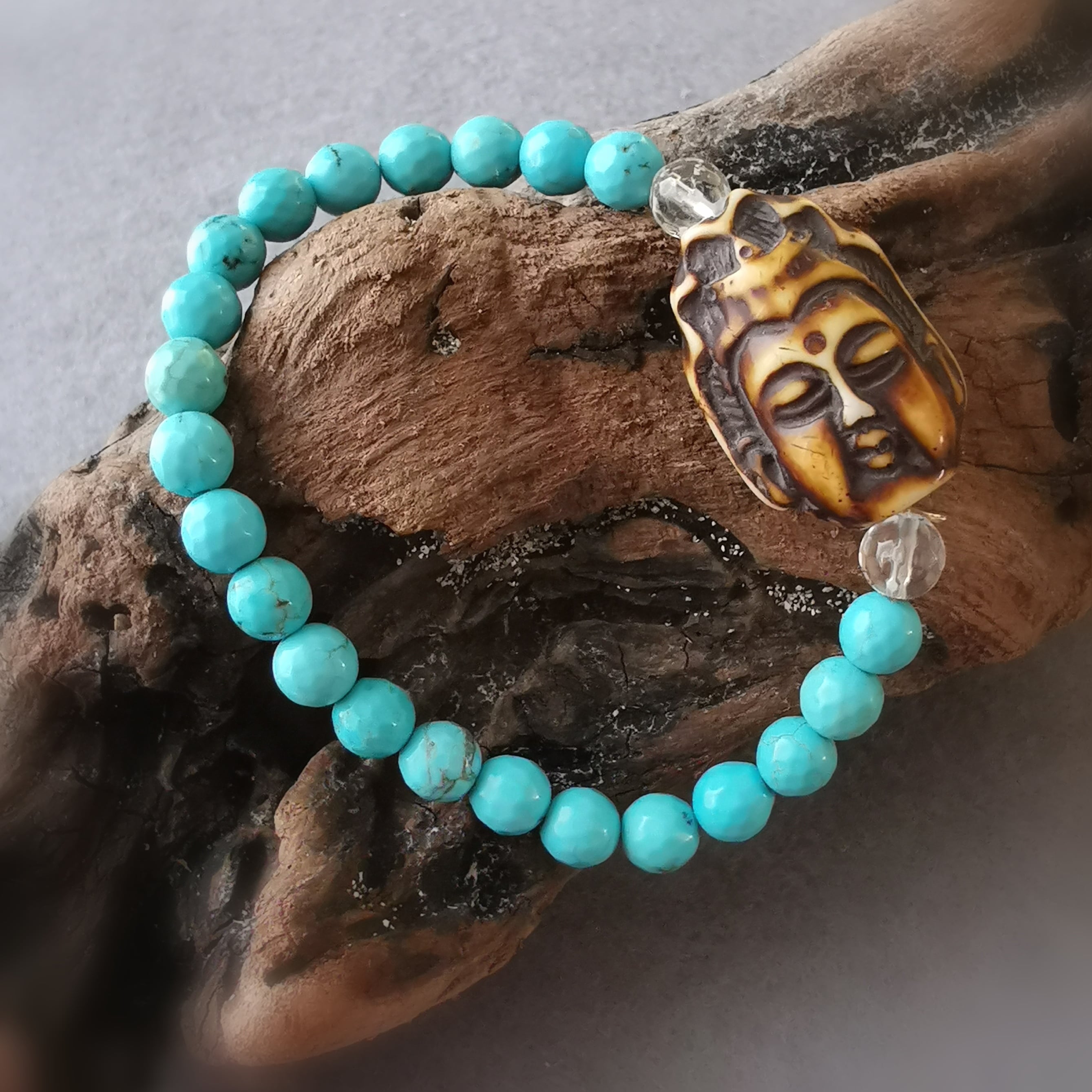 Buddha Türkis Magnesit Bergkristall Horn Armband, Karma Schmuck #entspannt