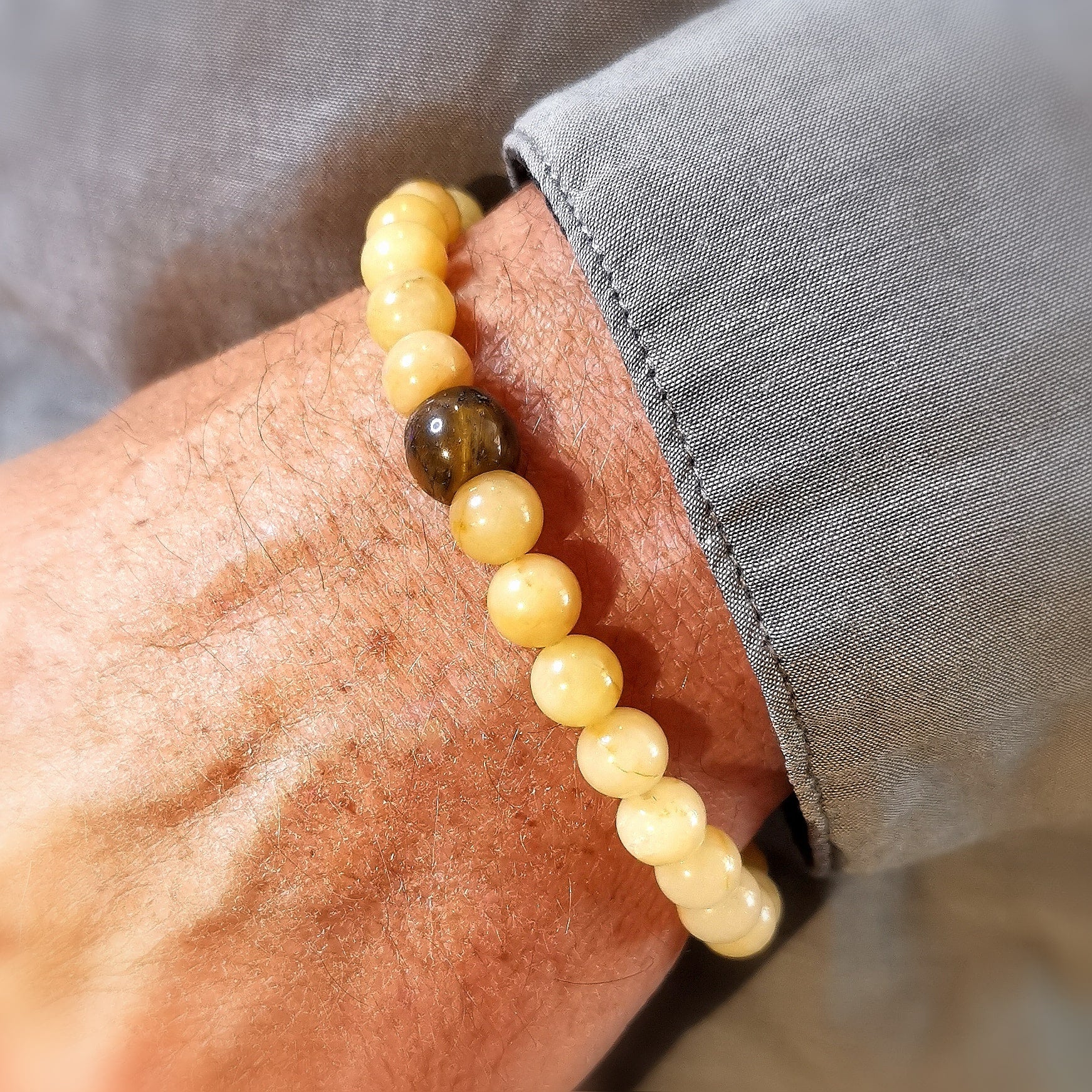 geweihter gelber Jaspis Solarplexus Chakra Karma Armband, mit Tigerauge, Sonnenlicht und Mut