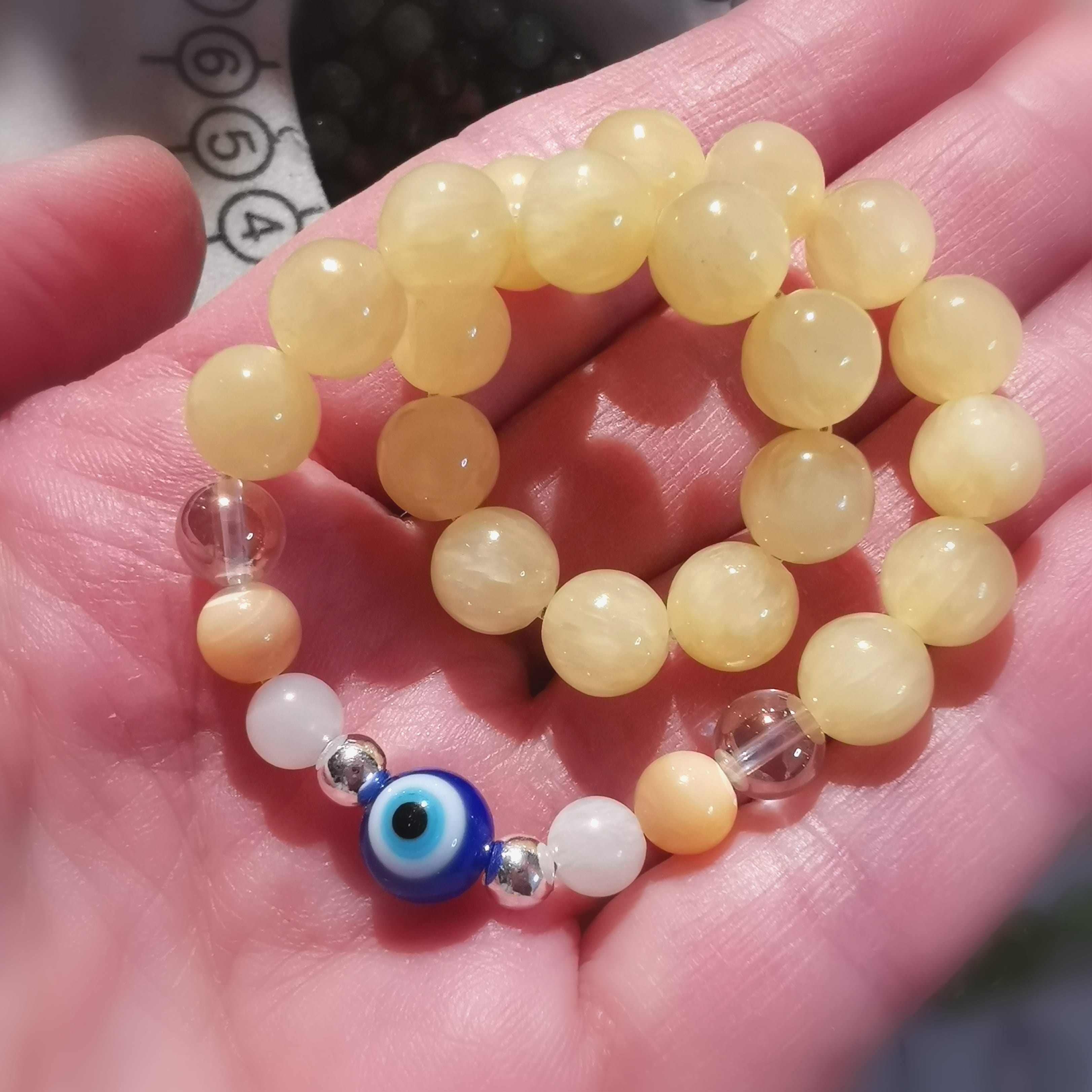 geweihter gelber Jaspis, Auge von Nazar Aura Schutz Karma Armband L, mit Angel Aura, Perlmutt, Mondstein
