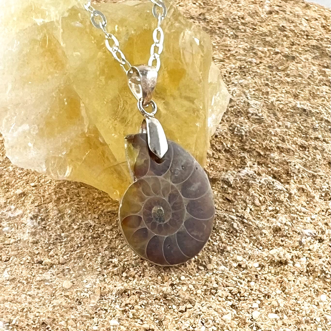 Ammonit Fossil Karma Kette Sterlingsilber 40 cm, Naturschmuck, geweiht - Erleichterung