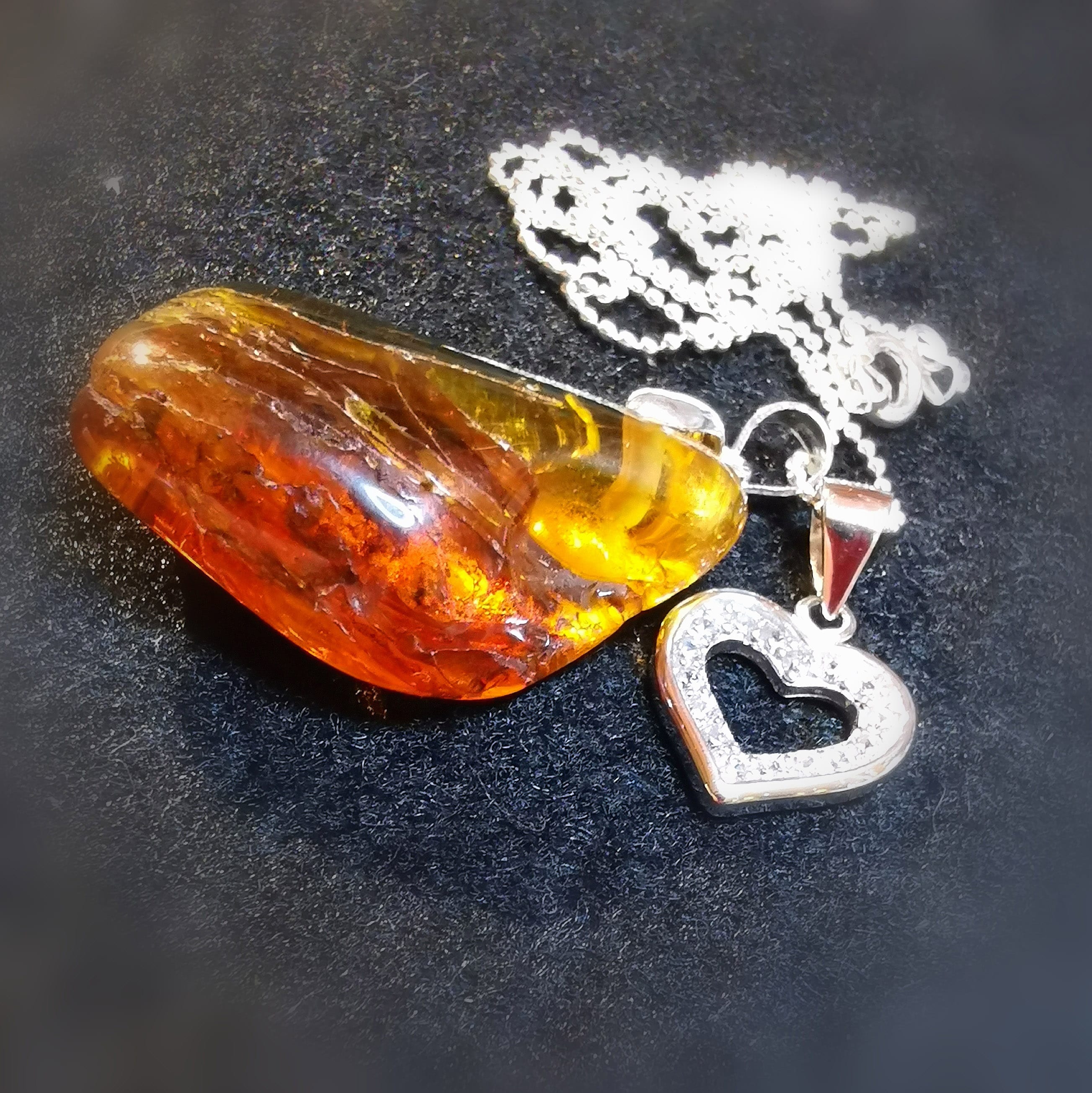 Bernstein Zirkon Herz Edelstein Karma Ketten Set 44 cm, Aura Chakra Schmuck, leben und lieben