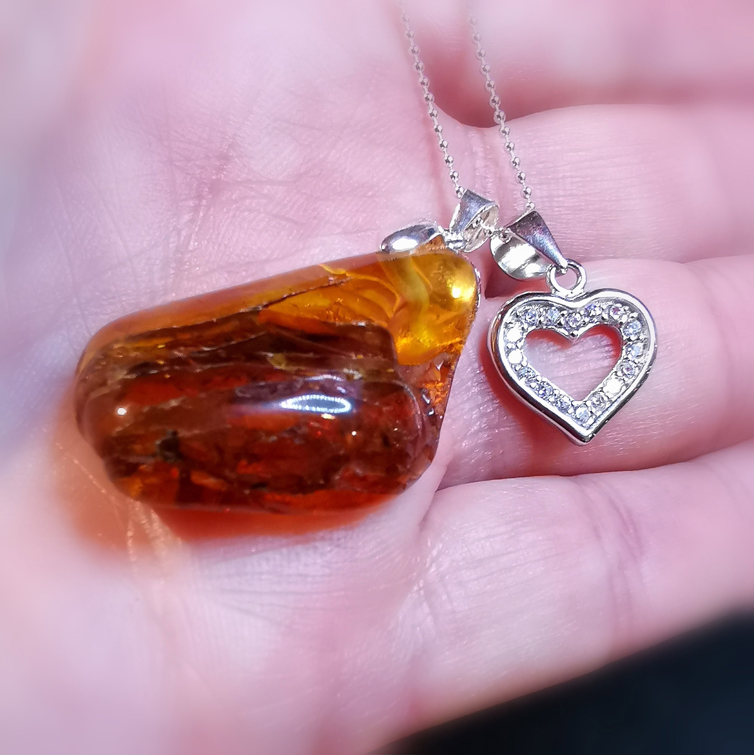 Bernstein Zirkon Herz Edelstein Karma Ketten Set 44 cm, Aura Chakra Schmuck, leben und lieben