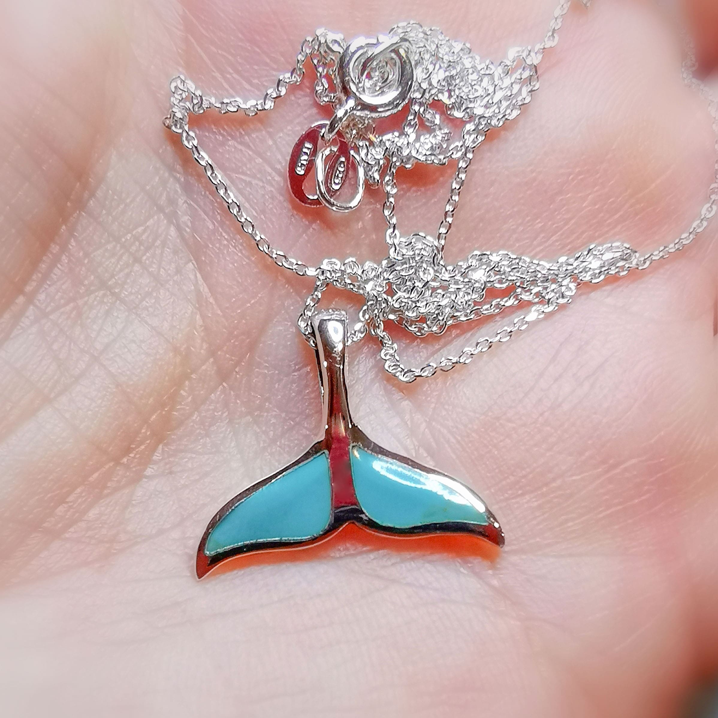 Walflosse Krafttier Wal Emaille Türkis Glücksbringer Karma Kette Sterlingsilber 45 cm, geweiht - Freiheit