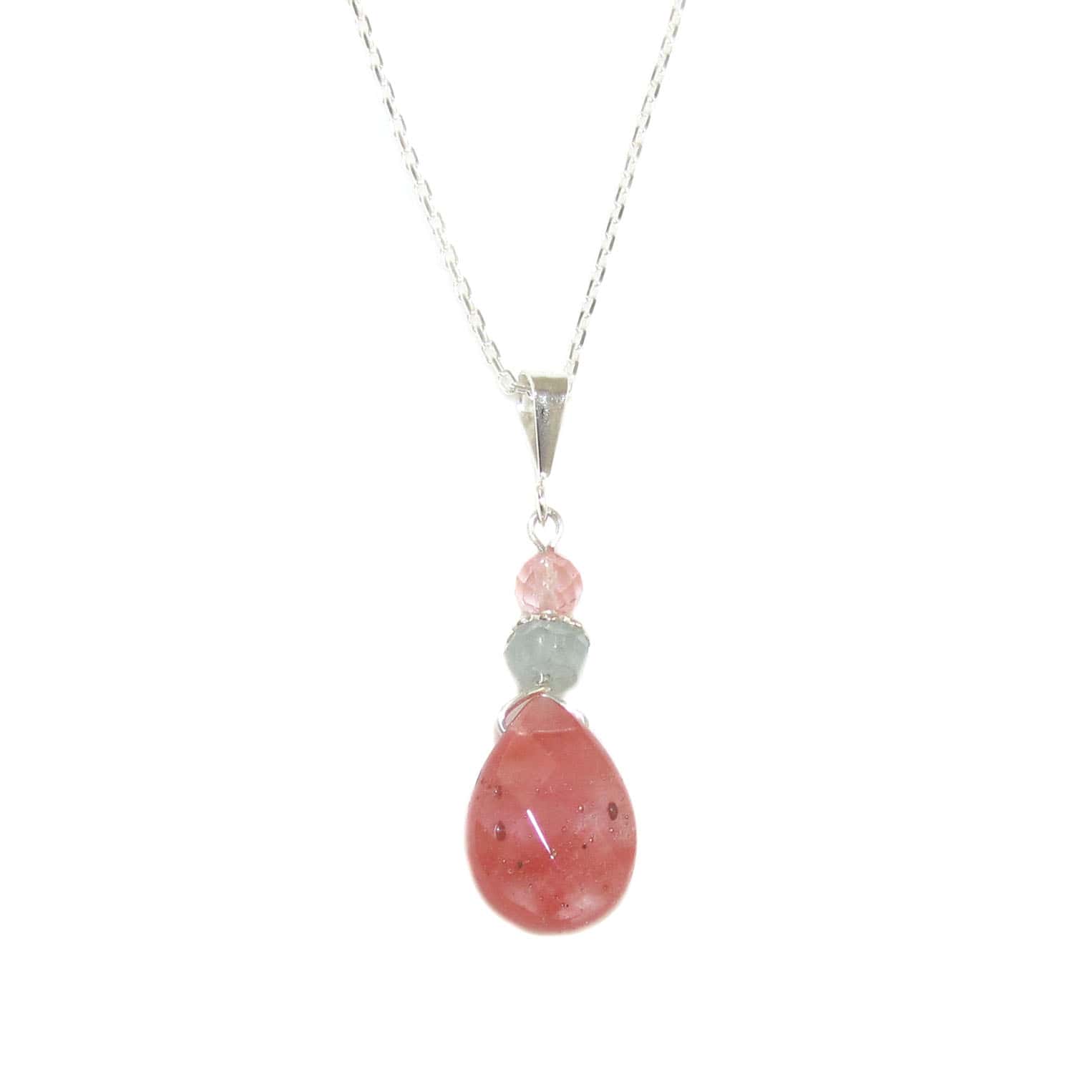 Erdbeerquarz Aquamarin Edelstein Heilstein Karma Kette Sterlingsilber 44 cm, geweiht - Lebenslust