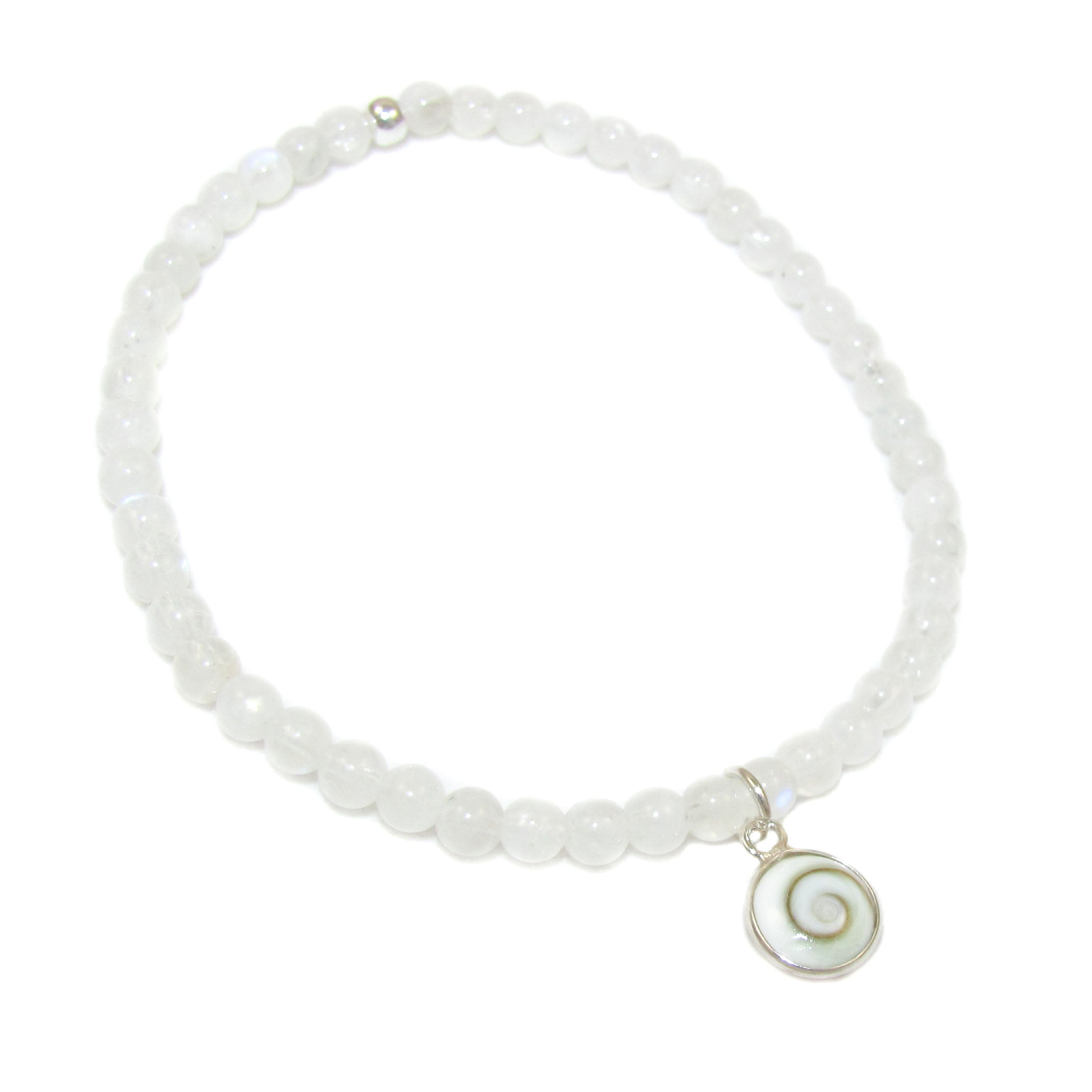 Mondstein Edelstein 4 mm Karma Glücksarmband mit Mallorca Muschel, Urlaubsgefühle