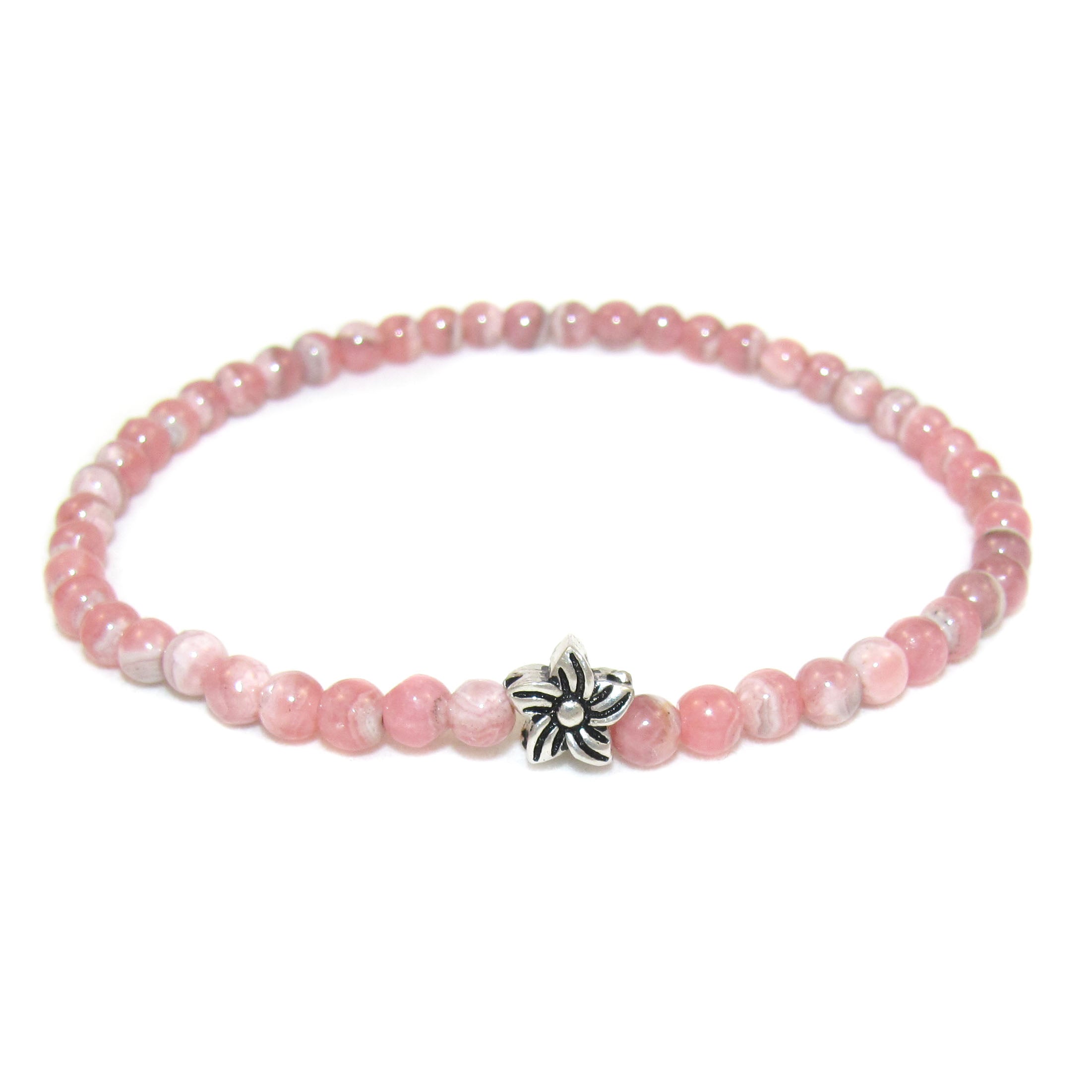 Rhodochrosit Edelstein Karma Armband, 3,5 mm Heilsteine mit Hibiskusblüte, im Paradies