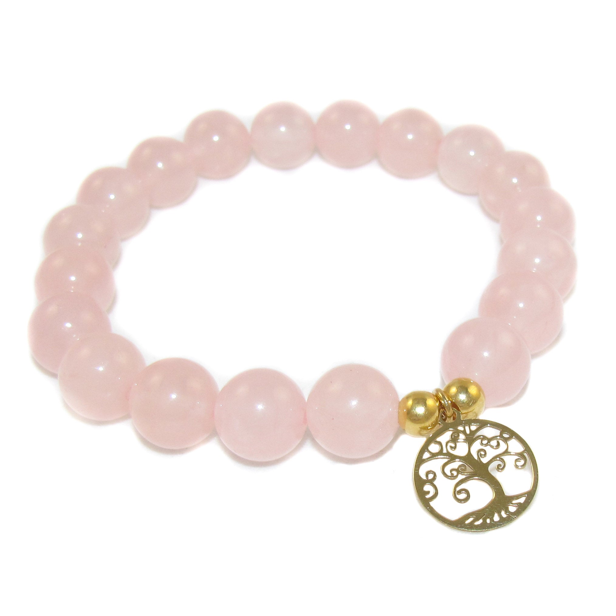 Rosenquarz Lebensbaum Karma Armband, grosse Edelstein Kugeln 10 mm, Sanftmut