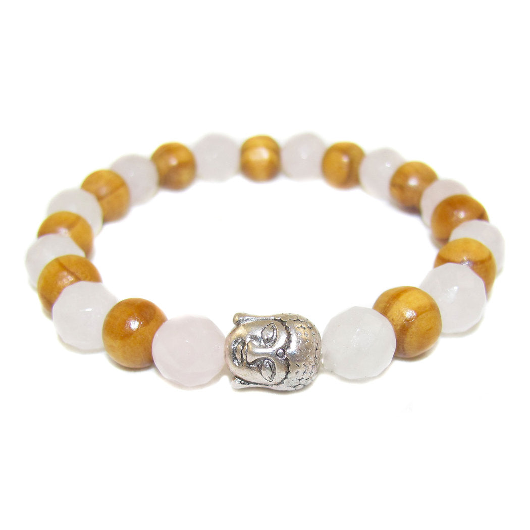 Rosenquarz Pinienholz Karma Buddha Armband, Sanftmut und Sicherheit