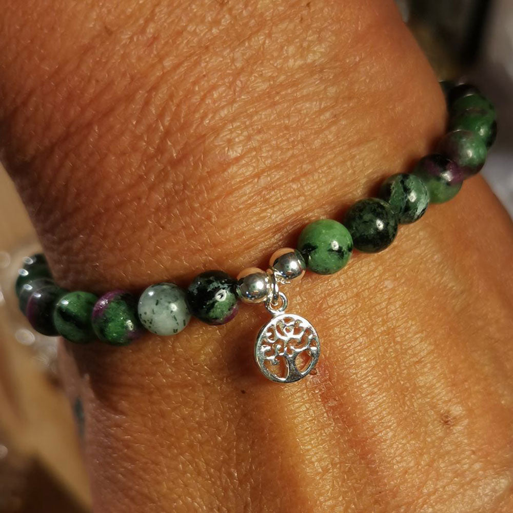 edles Rubin Zoisit Edelstein Lebensbaum Karma Armband, grün rote Heilsteine, Begeisterung