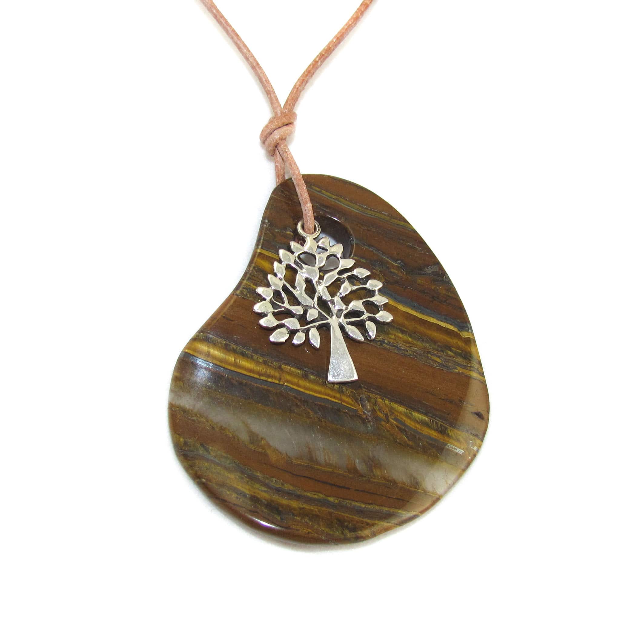 Tigerauge XL Lebensbaum Edelstein Karma Kette an Leder, geweiht - Mut und neue Kraft