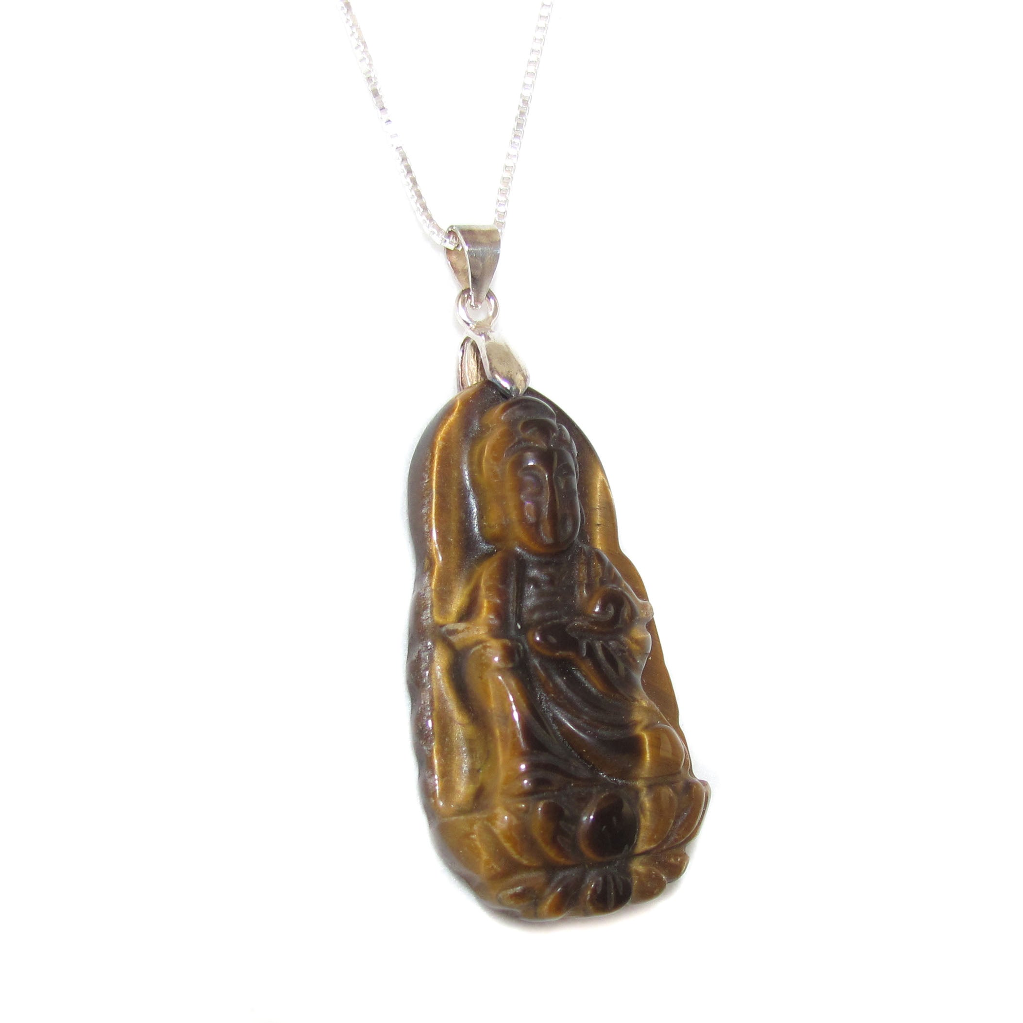 Kuan Yin, Buddha Tigerauge Edelstein Glücksbringer Kette - Frieden und Liebe