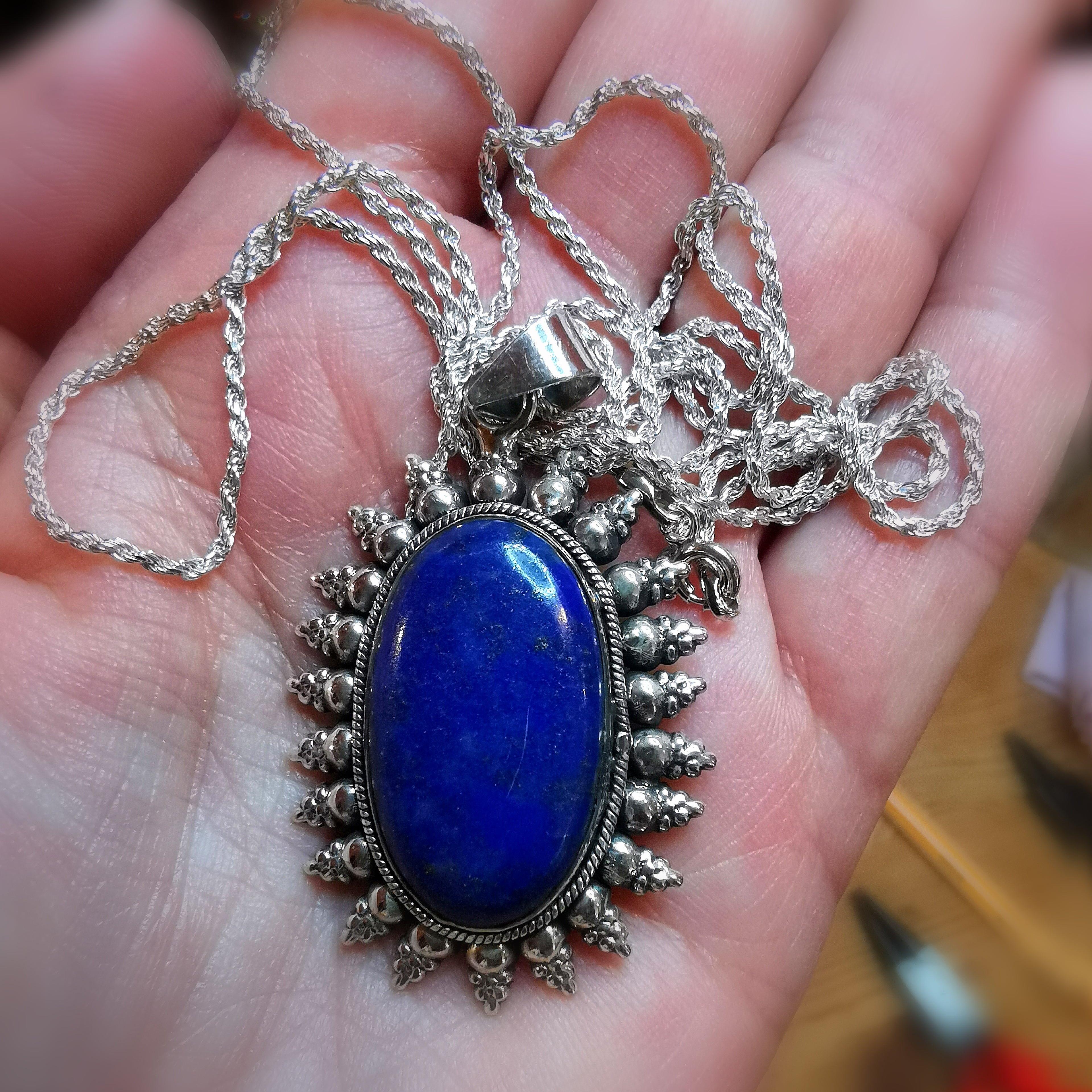 lange Lapislazuli Edelstein Heilstein Sterlingsilber Kette 70 cm - Selbstvertrauen
