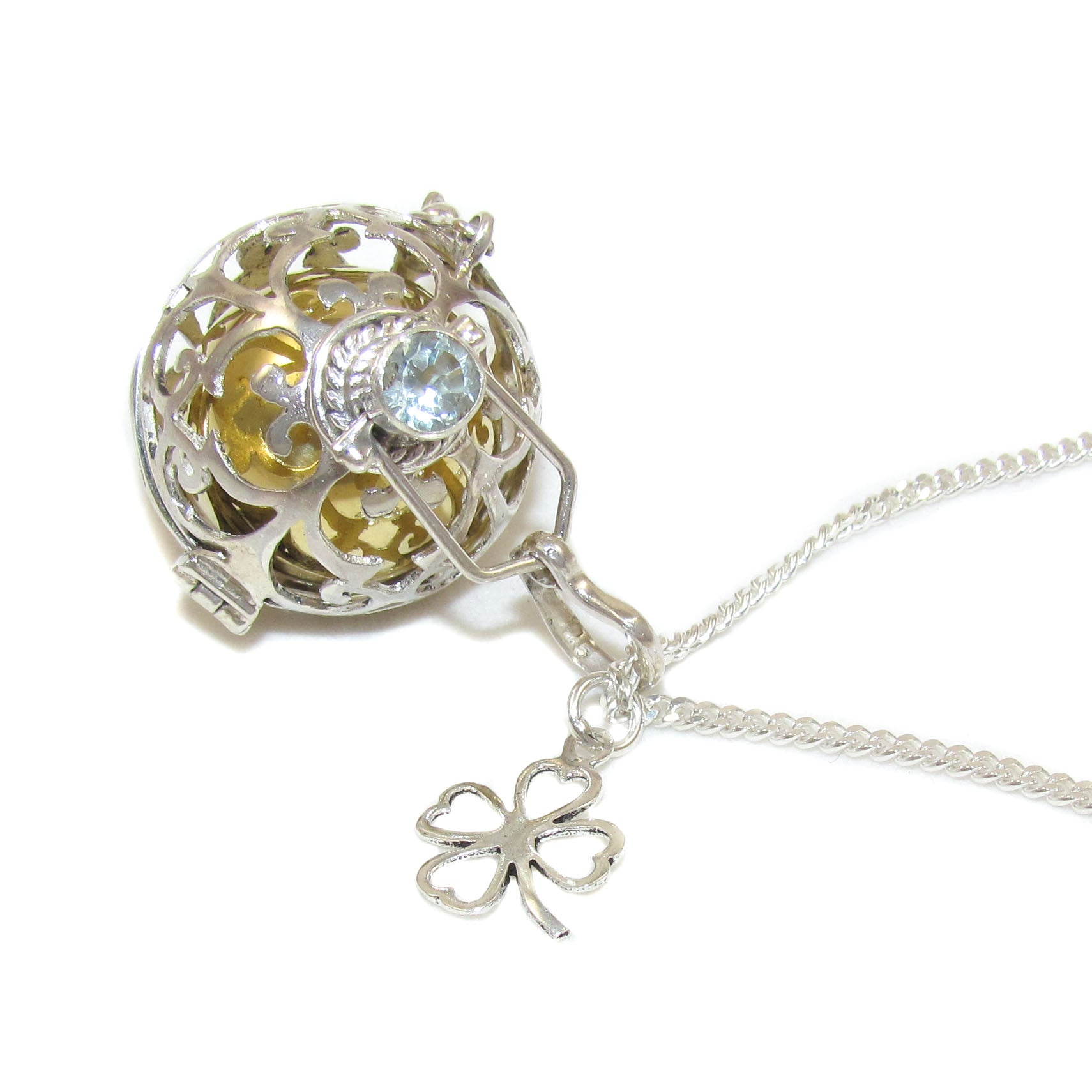 Karma Engelsrufer Kleeblatt Aquamarin Edelstein Glücksbringer Kette 70 cm, geweiht