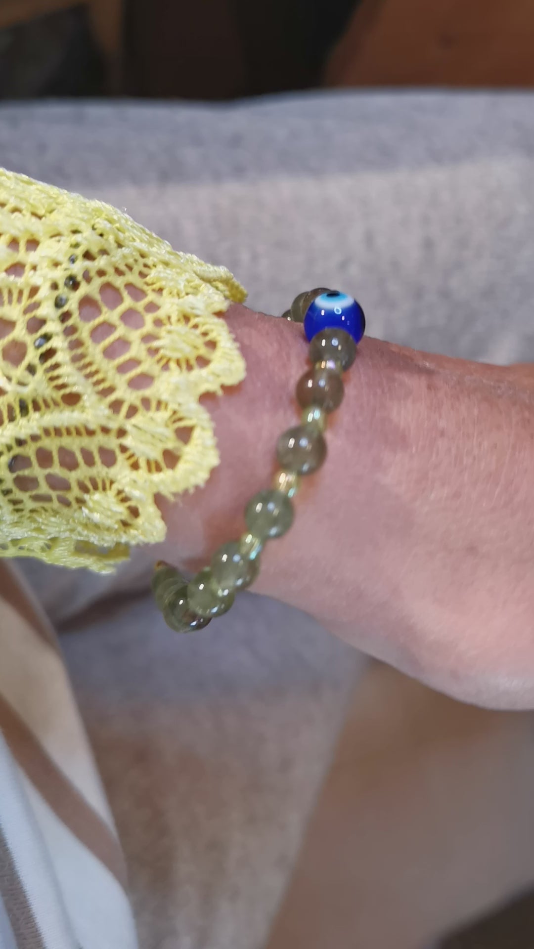 geweihtes Olivin Peridot türkisches Auge, Auge von Nazar Edelstein Heilstein Karma Armband, edle Hippie Mode, Schutz und Lebensfreude