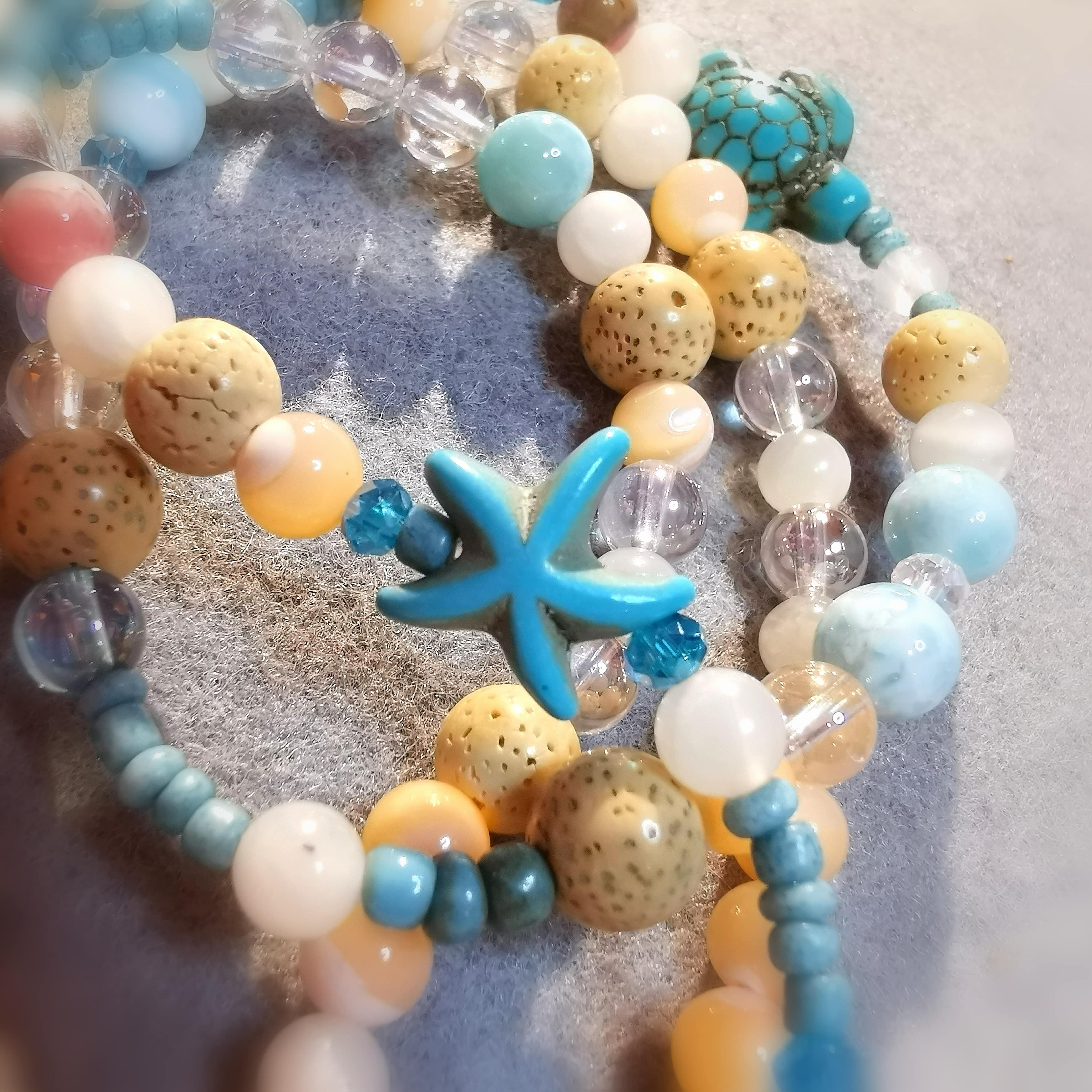 Larimar Perlmutt Lotus Angel Aura Boho Kette, geweiht: Krafttier Schmuck Schildkröte und Seestern, Vertrauen und Fröhlichkeit