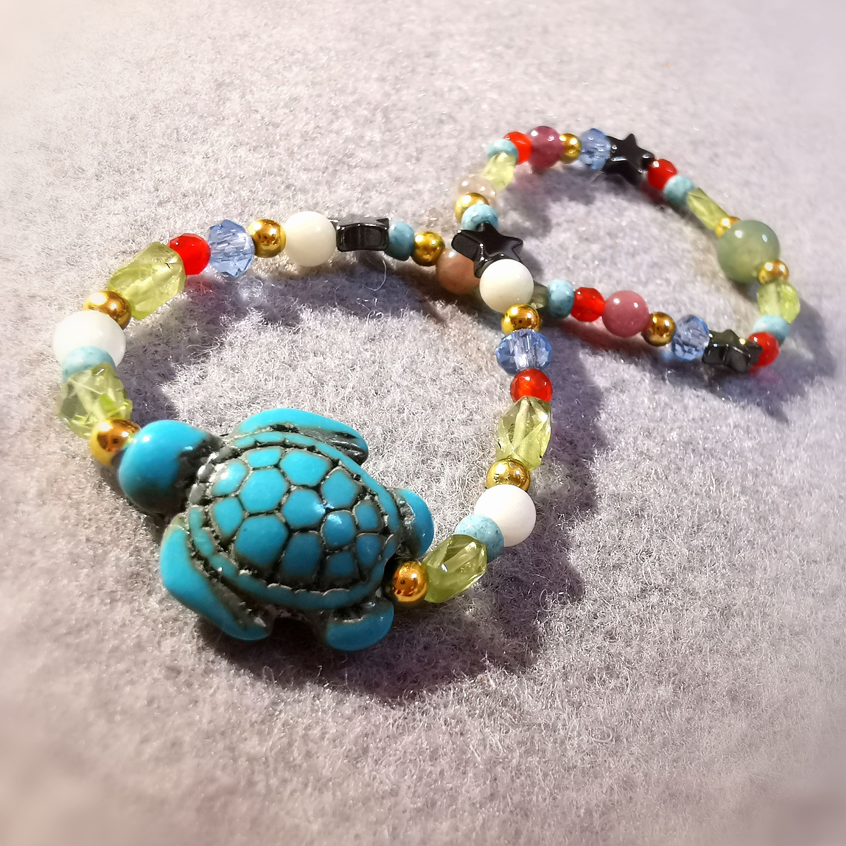 Schildkröte Wasserschildkröte Edelstein Mix Karma Armband, Boho Schmuck geweiht, Freiheit und Freude