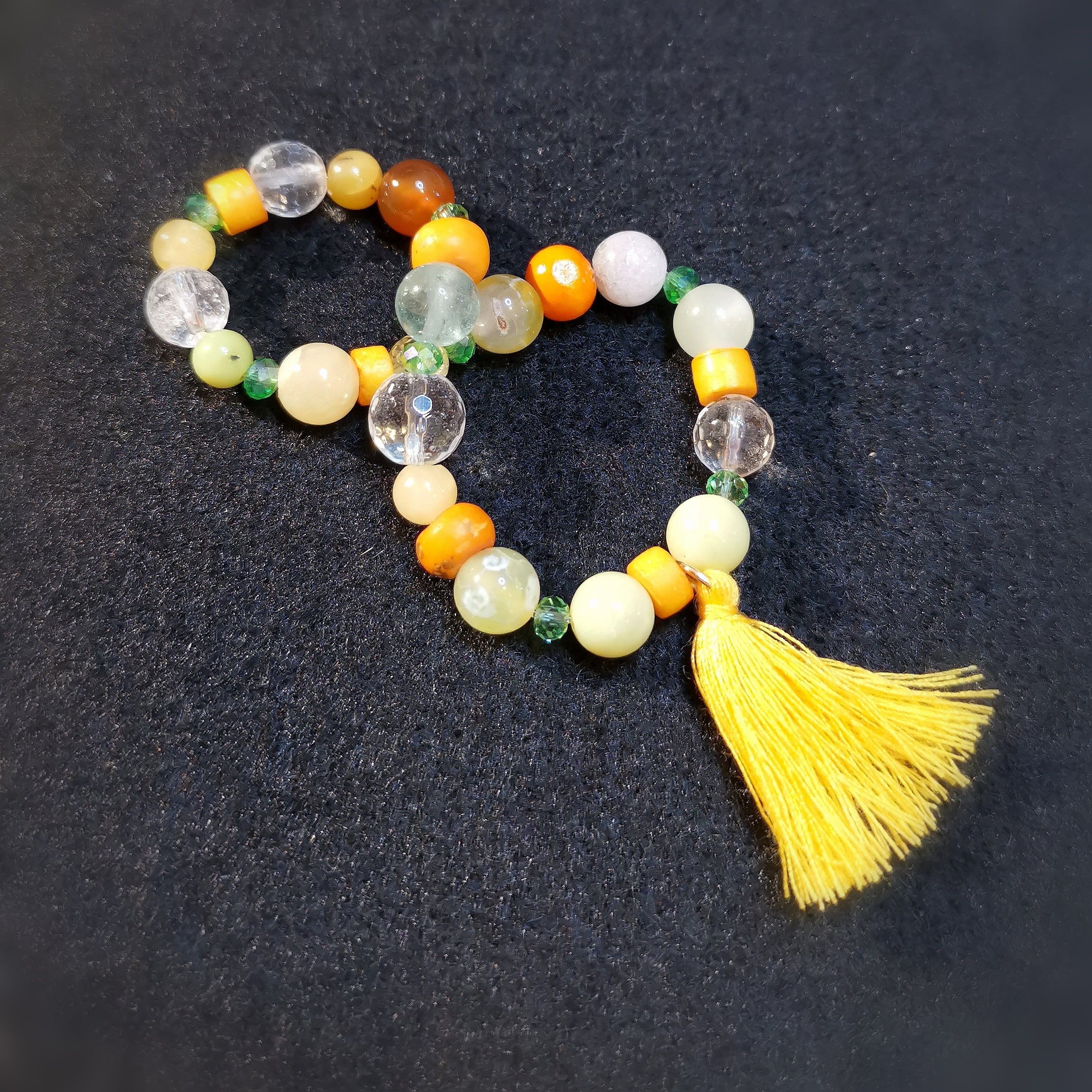 Edelstein Mix Kristall Karma Armband, lichtvoll Gelb Grün Orange, geweiht, Boho Chakra Heilstein Mode, Liebe zum Leben