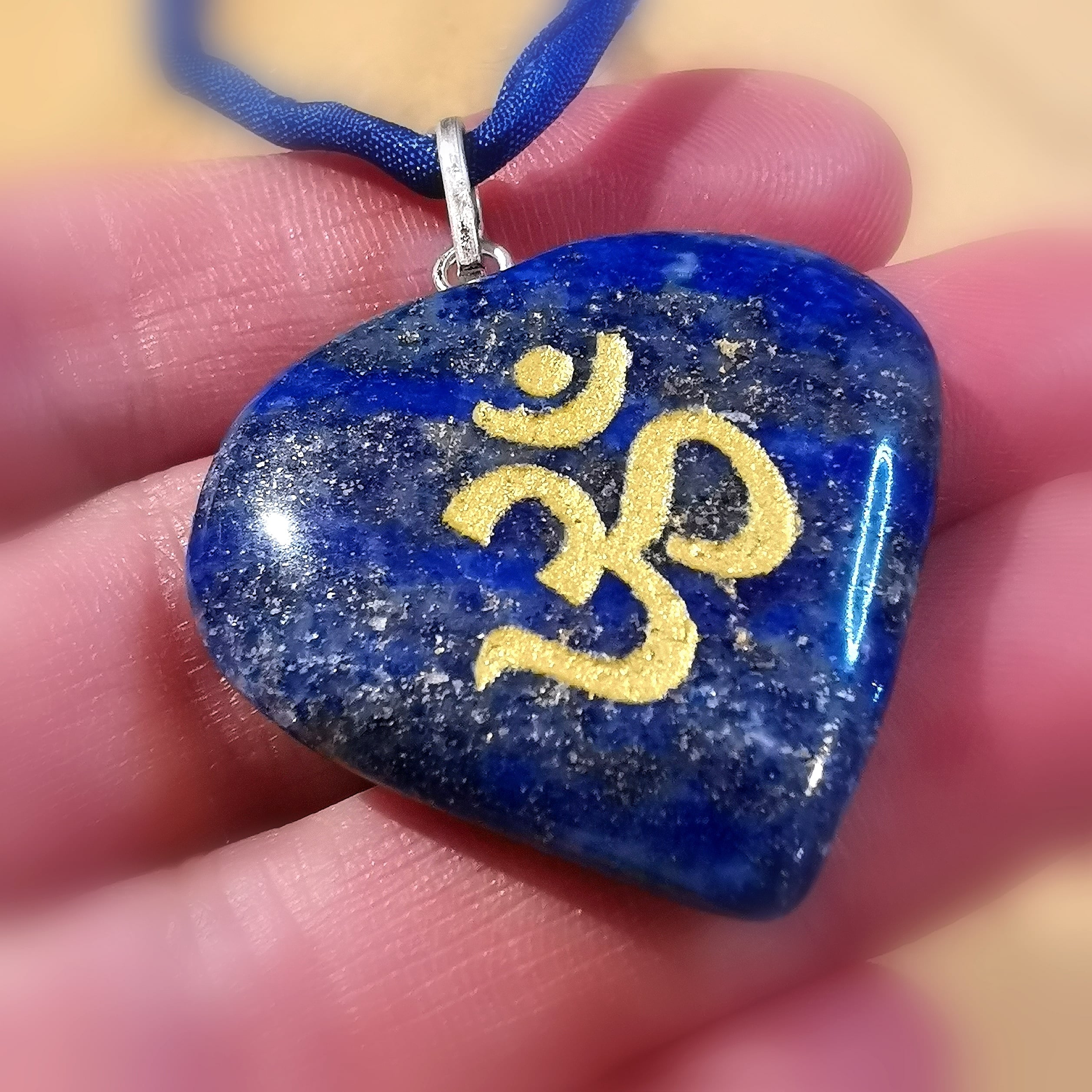 OM Lapis Lazuli Gemstone Healing Stone Heart Chakra Silk Karma Necklace, All-encompassing Love and Intuition