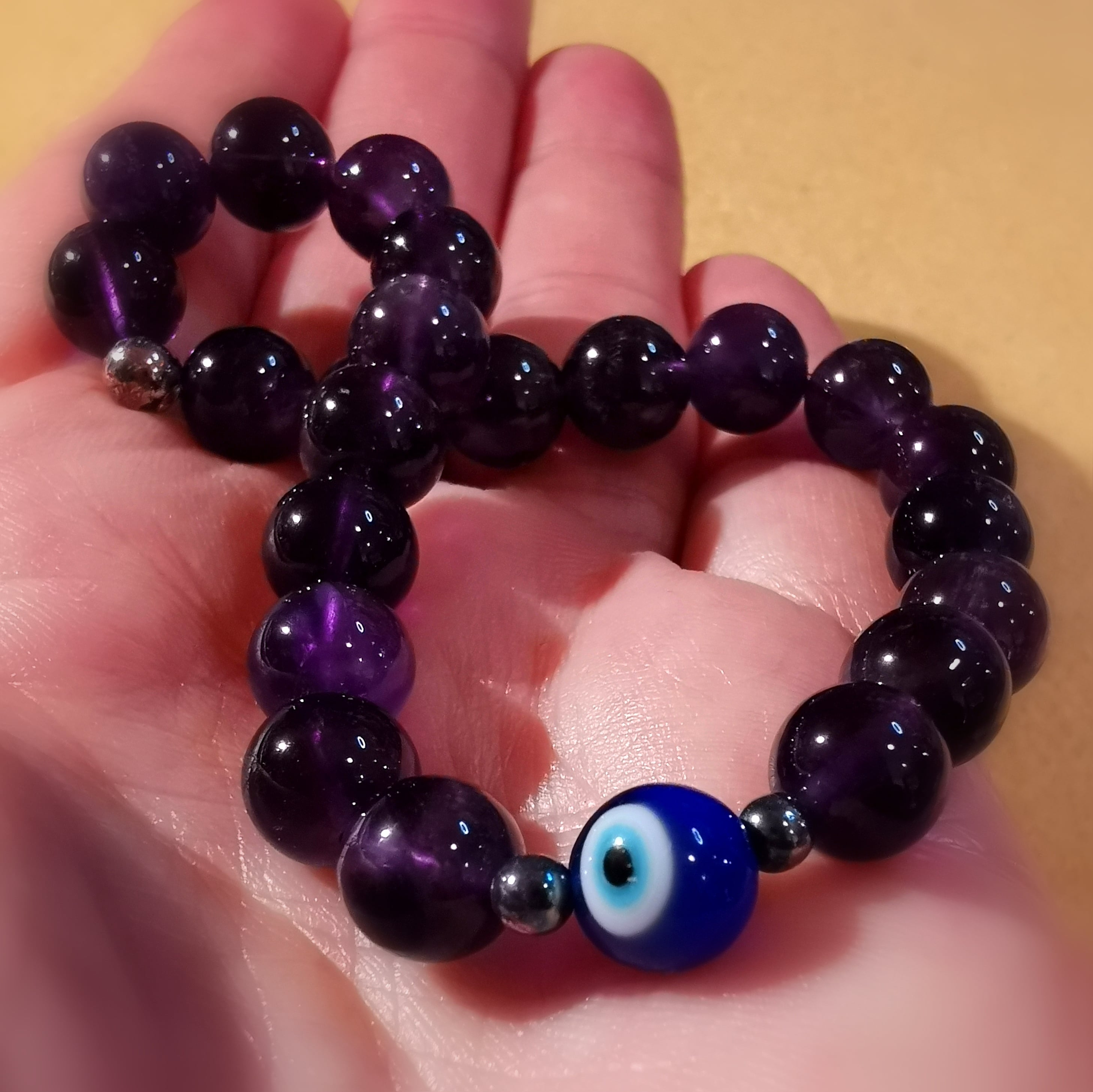 Pulsera de karma de piedra curativa de piedra preciosa de calidad AA de amatista con Ojo de Nazar, consagrada - protección e intuición