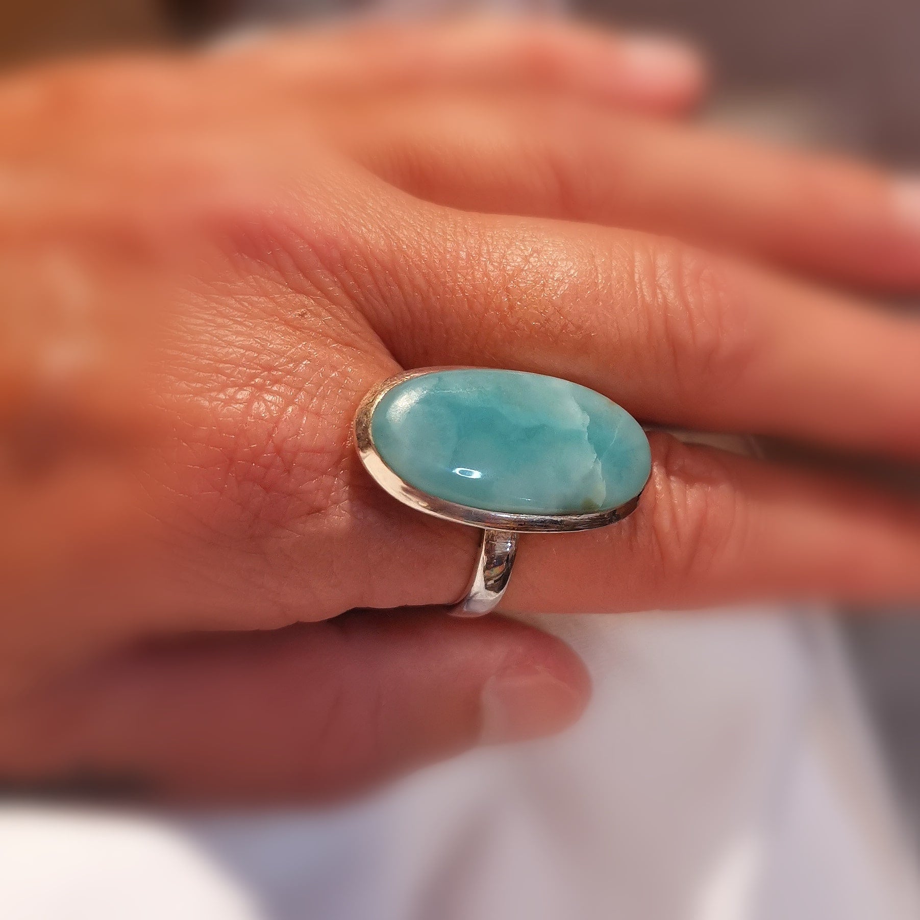 Larimar Edelstein Heilstein Ring Sterlingsilber Größe 56 - 59 verstellbar, geweiht - Vertrauen