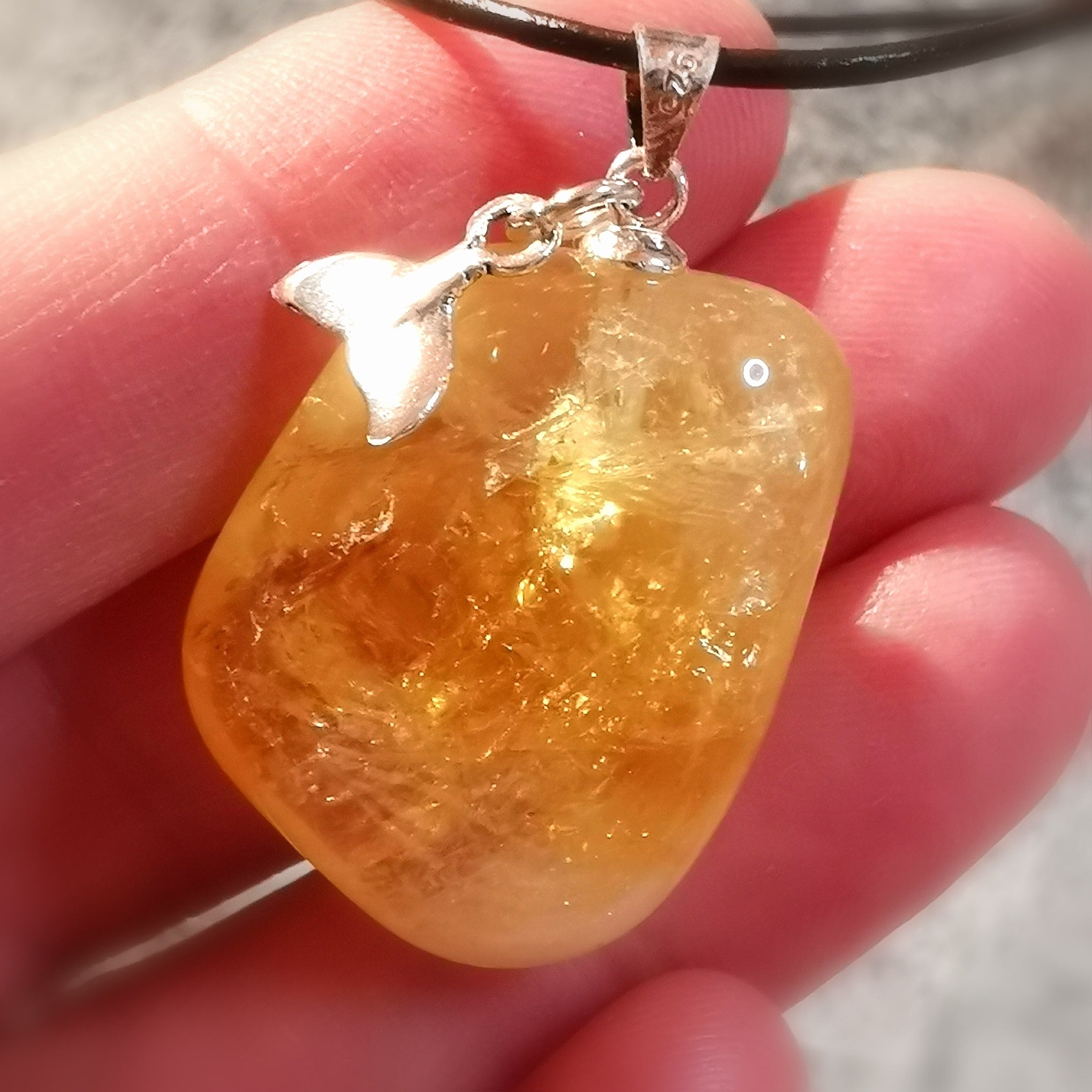 Citrine sunlight whale tail natural stone gemstone healing stone karma necklace on leather, consecrated - sunny side of life