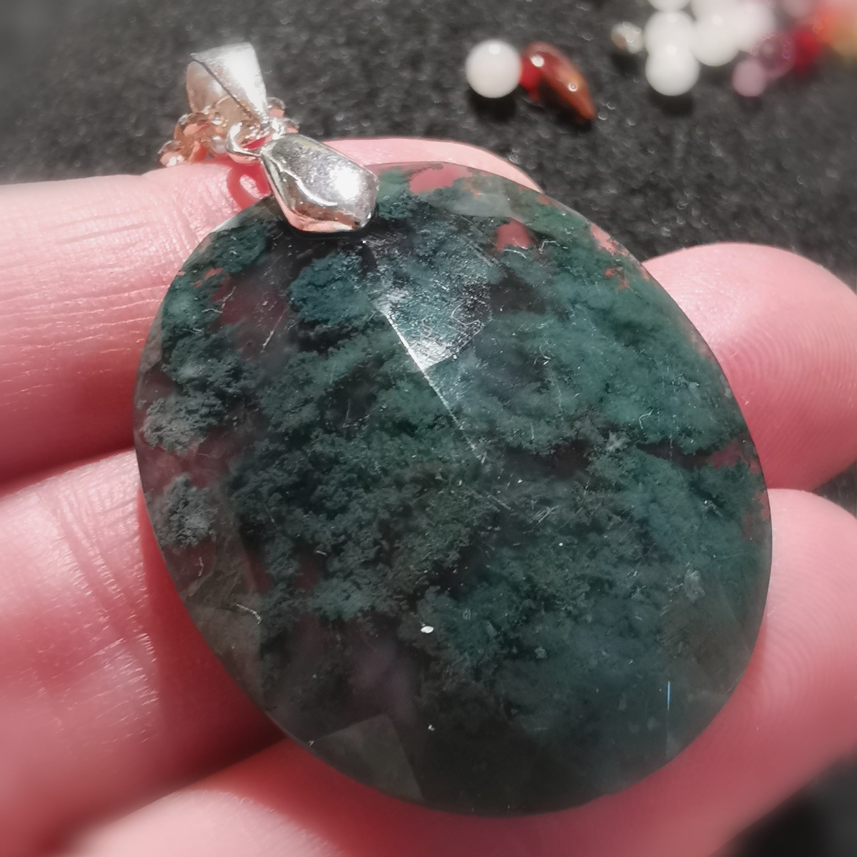 Moss Agate Gemstone Healing Stone Karma Necklace Sterling Silver 60 cm, consecrated - Freedom of the Soul