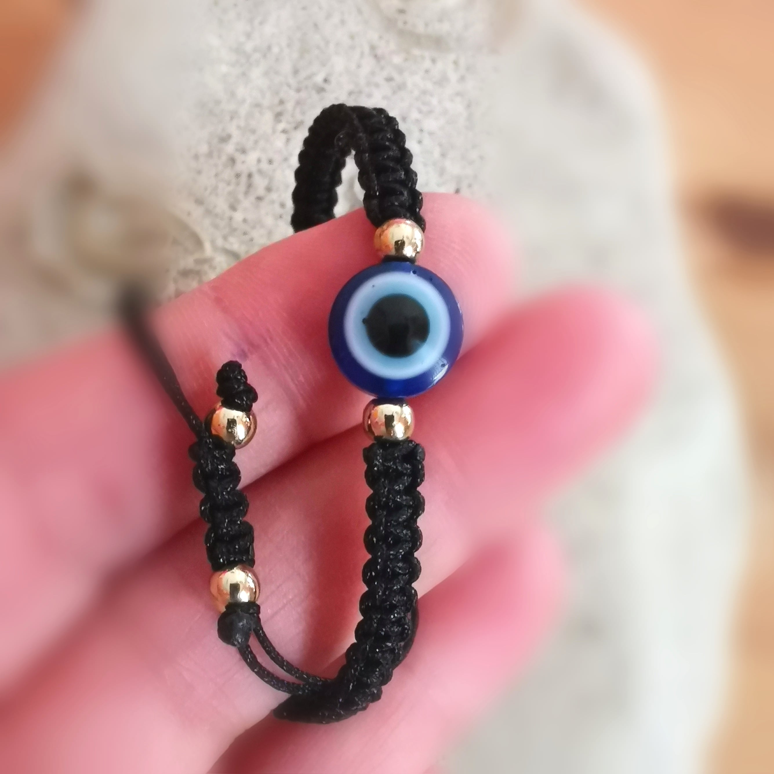 Auge von Nazar, türkisches Auge Armband, Karma Armbändchen, Schwarz Gold Blau, geweiht - Schutz und Kraft