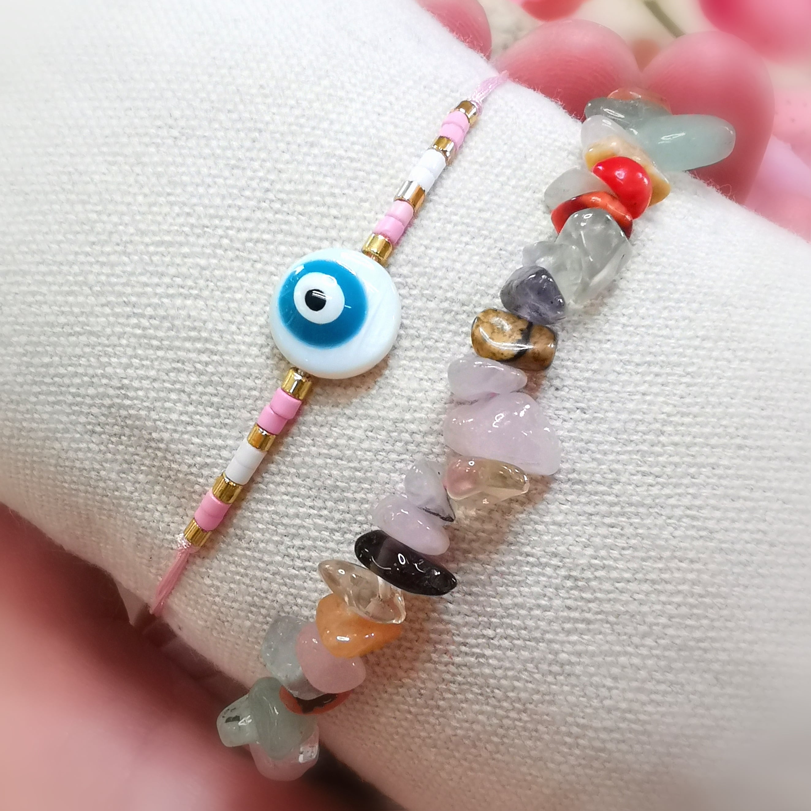 lebe liebe lache Armband Set Karma mit Boho Edelsteine Auge von Nazar, geweiht - Schutz