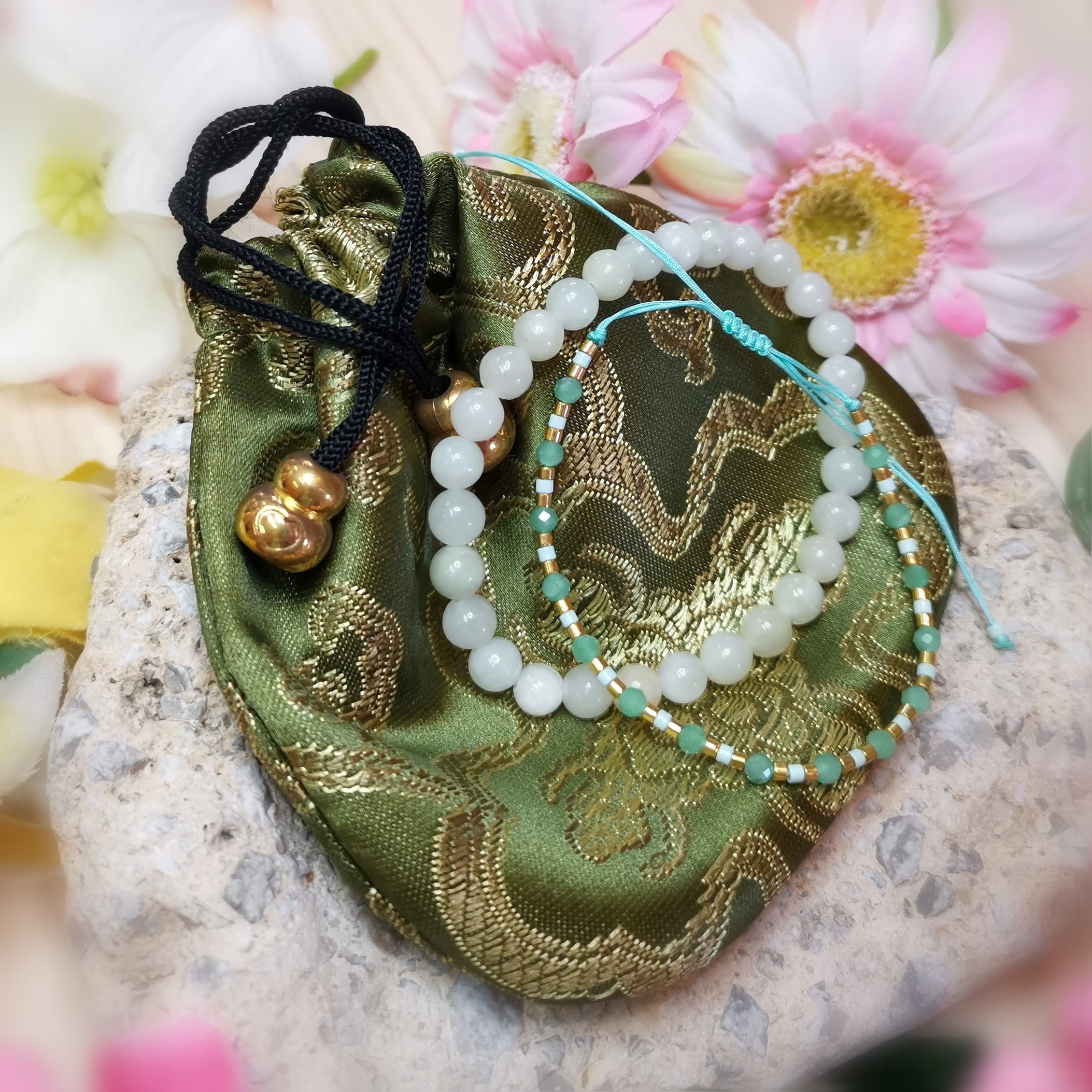 Juego de regalo de pulsera boho de piedra curativa de aventurina de jade, calidez del corazón Protección del corazón - Fuerza y ​​coraje