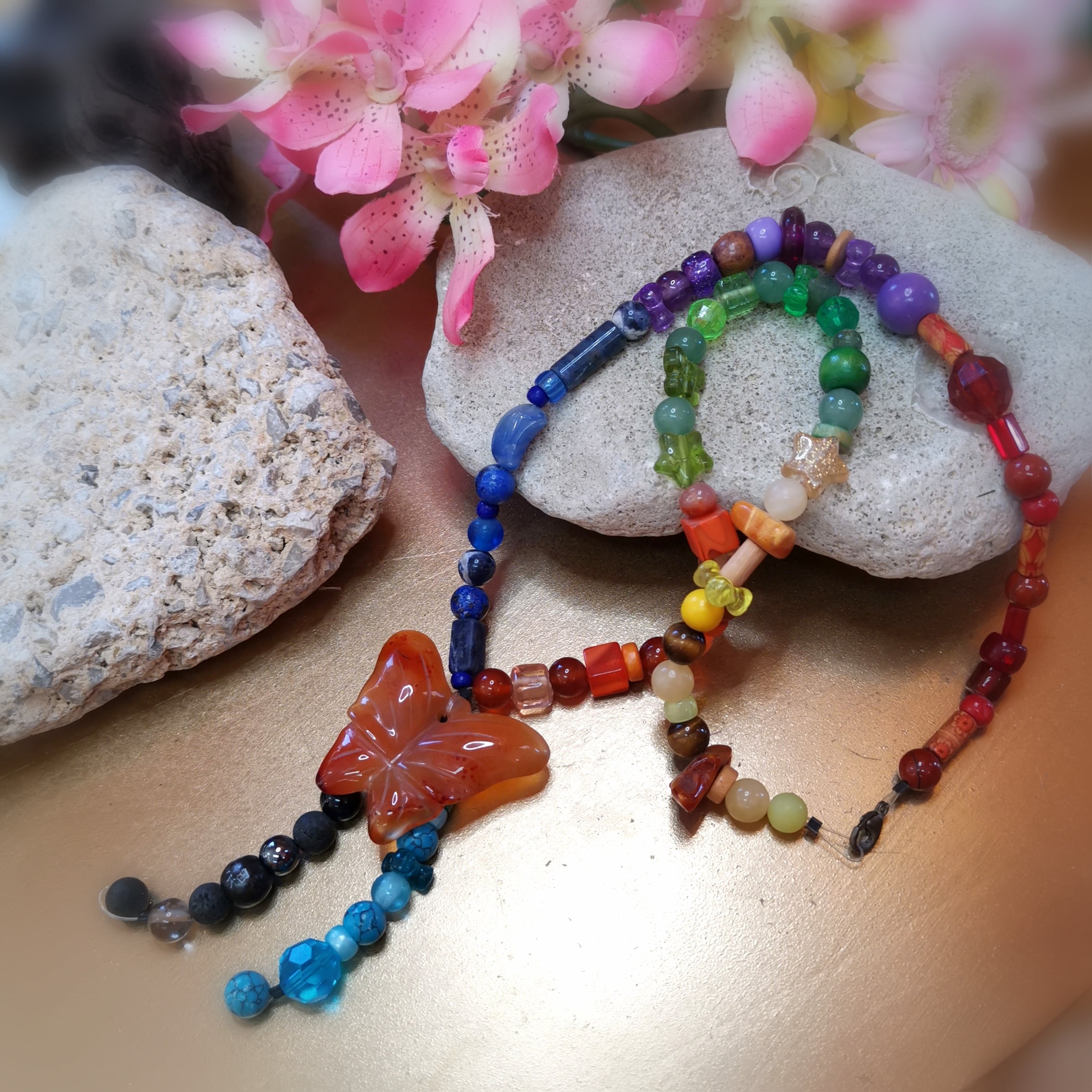 Karma Chakra Hippie Kette, Glücksachat Carneol Edelstein Schmetterling, Schmuck Unikat - Lebensfreude