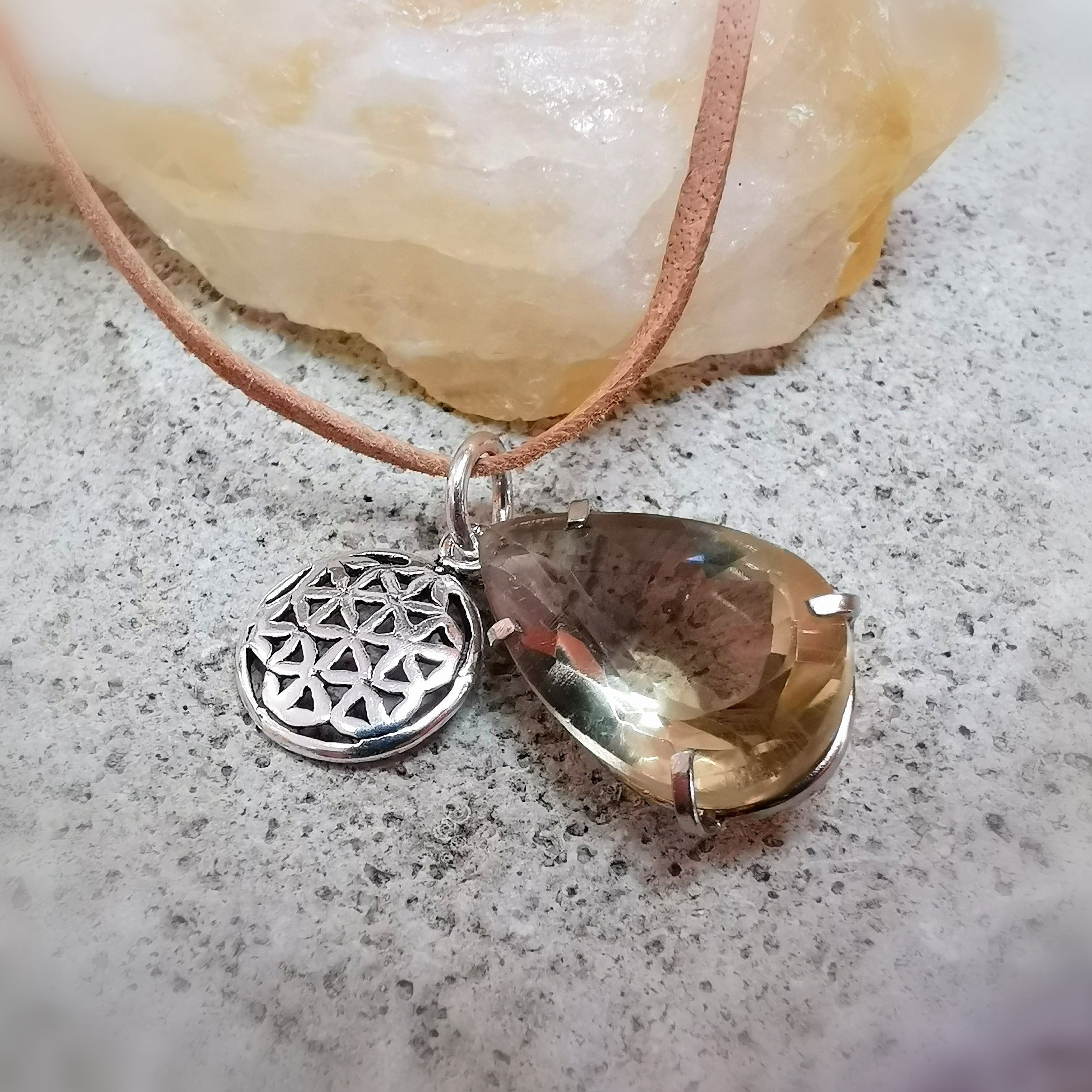 Gotas de piedras preciosas de luz solar citrina, flor de la vida karma collar de piedra curativa - alegría de vivir, nueva fuerza