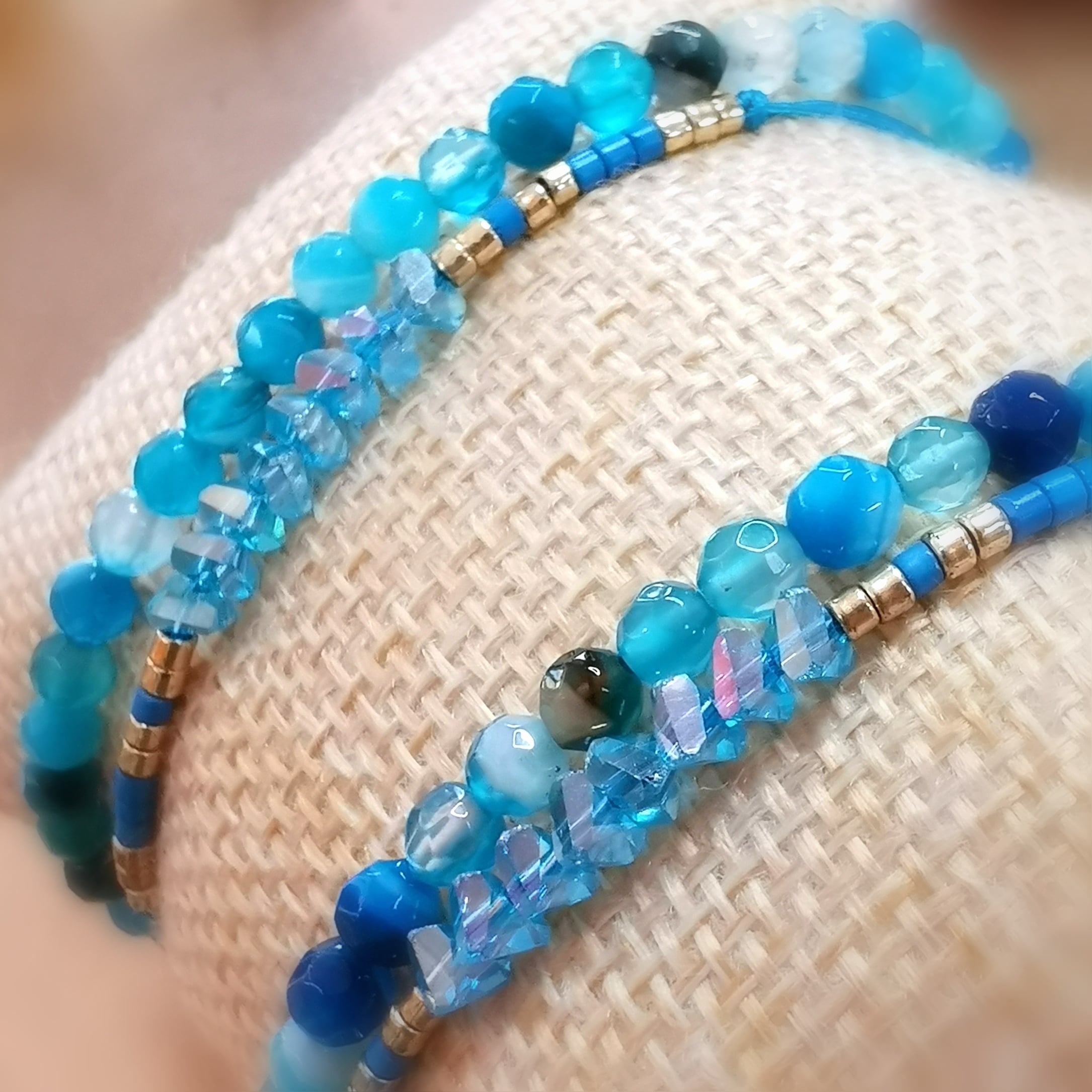 Armband Set Blau, Achat Edelstein Kristall Boho Karma Armbändchen - Leichtigkeit