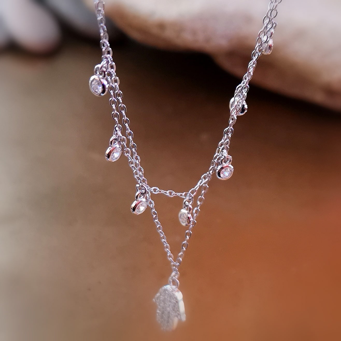 schützende Hand Fatimas Boho Karma Kette Doppelkette Sterlingsilber mit Zirkon