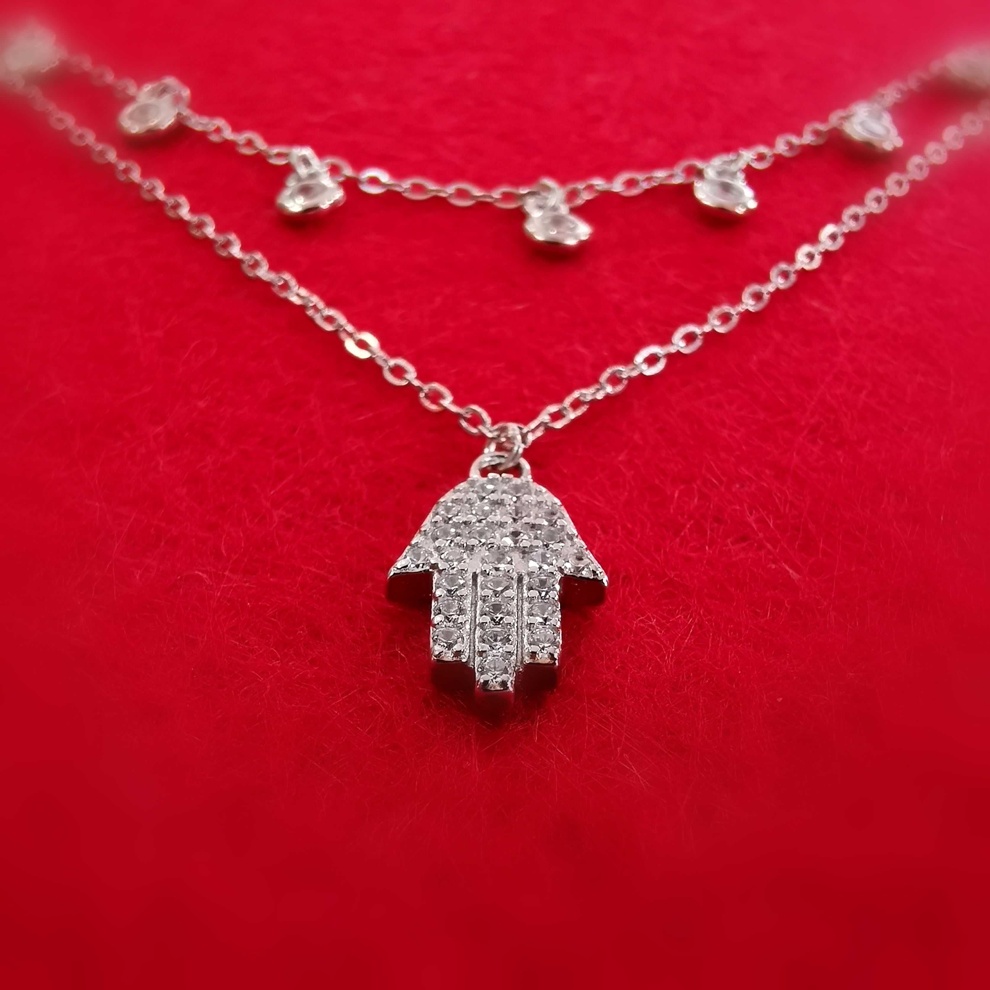 schützende Hand Fatimas Boho Karma Kette Doppelkette Sterlingsilber mit Zirkon