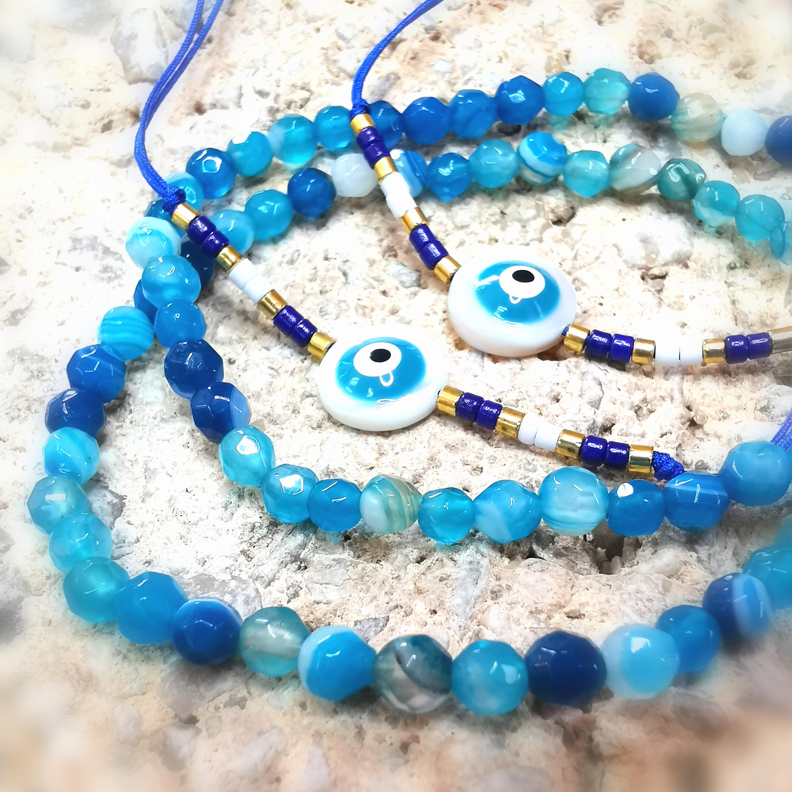 Juego de Pulsera de 2 Ágata Azul / Ojo de Nazar, Pulsera Karma Piedra Curativa Símbolo Joyería - Protección y Ligereza