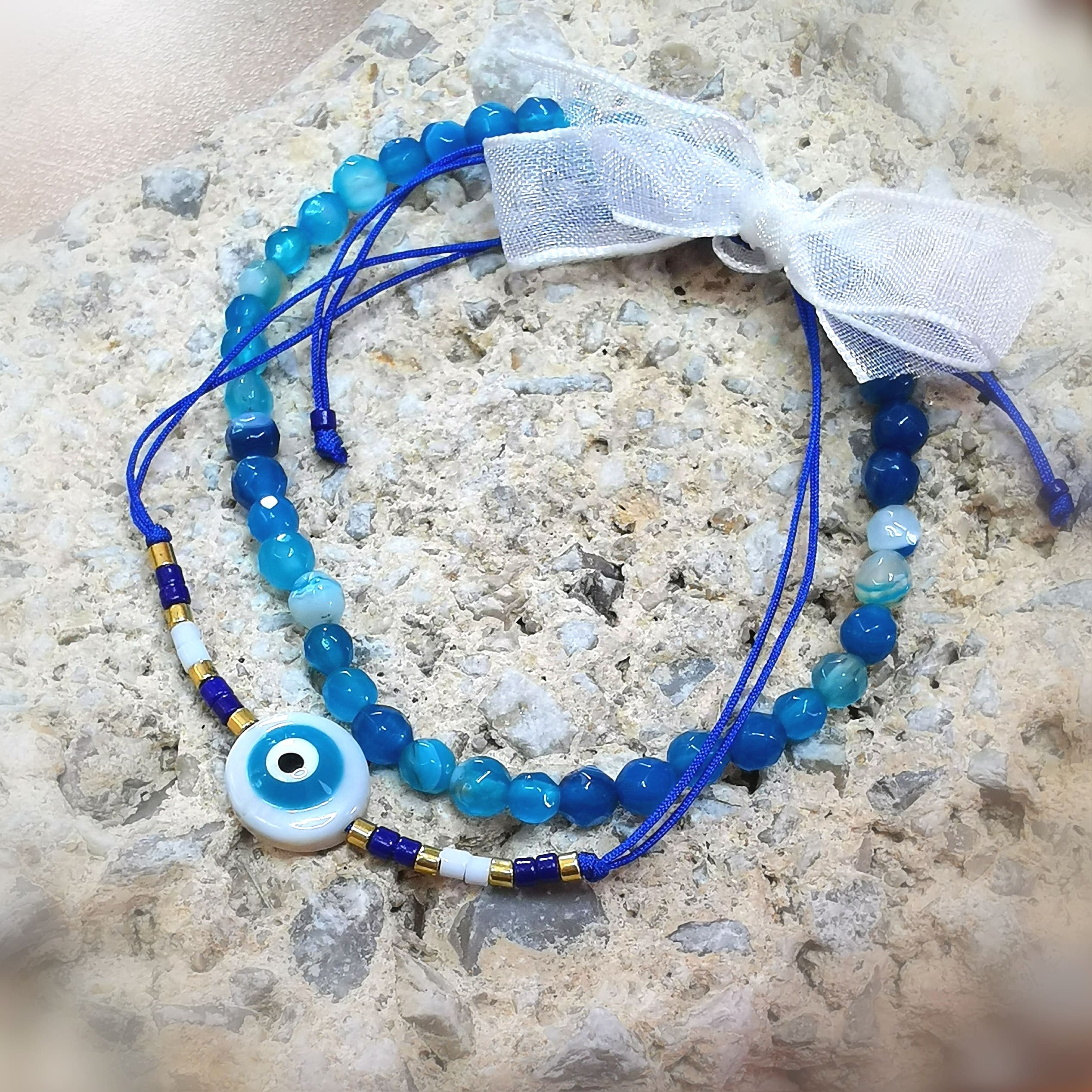 Armbändchen 2er Set Blauer Achat / Auge von Nazar, Armband Karma Heilstein Symbol Schmuck - Schutz und Leichtigkeit