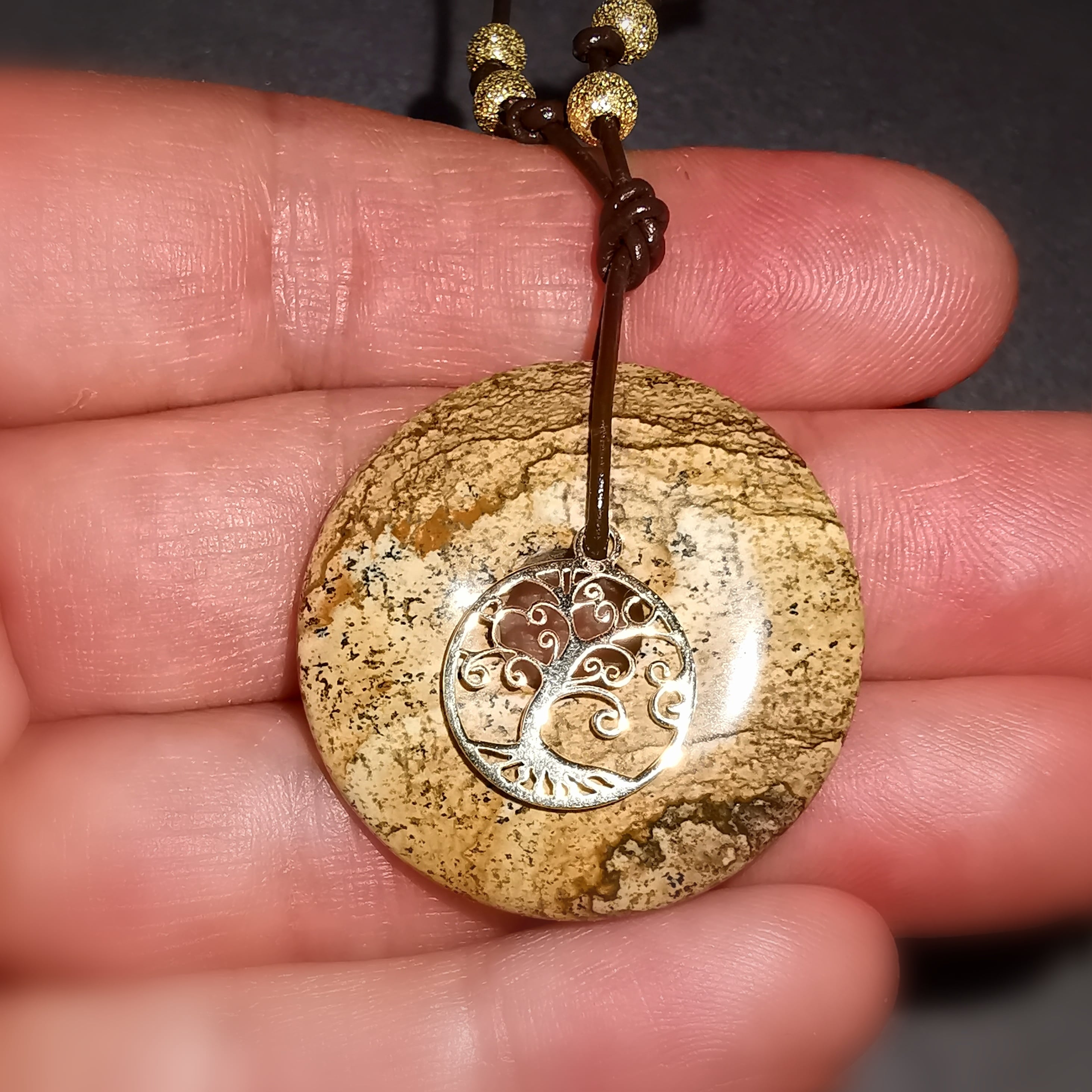 Lebensbaum Landschaften Jaspis Edelstein Amulett Karma Kette, Lebenskreis Donut, glückliche Wege