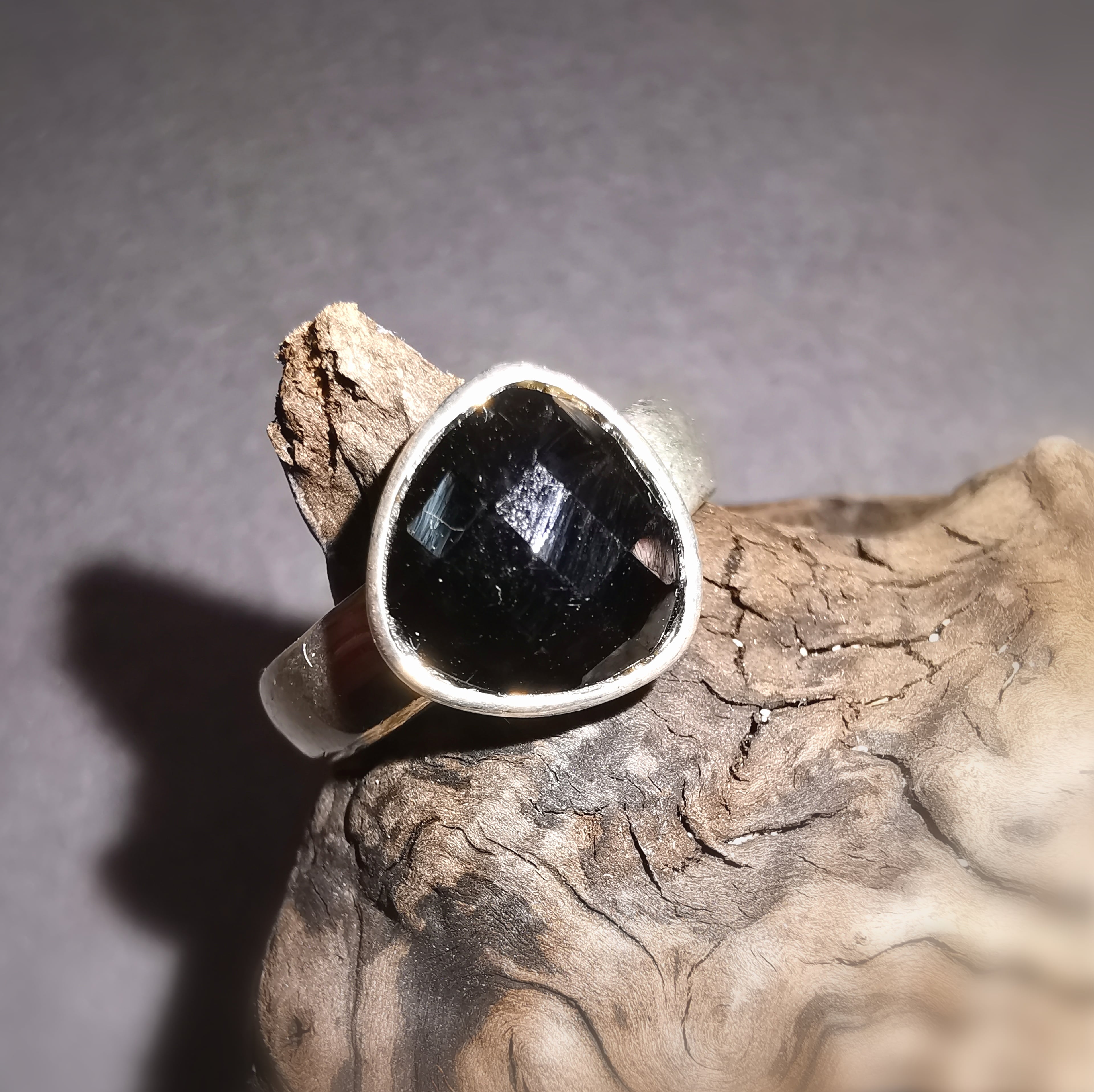 anillo de piedra curativa de piedra preciosa de espinela negra plata de ley tamaño 56 - Estoy en protección