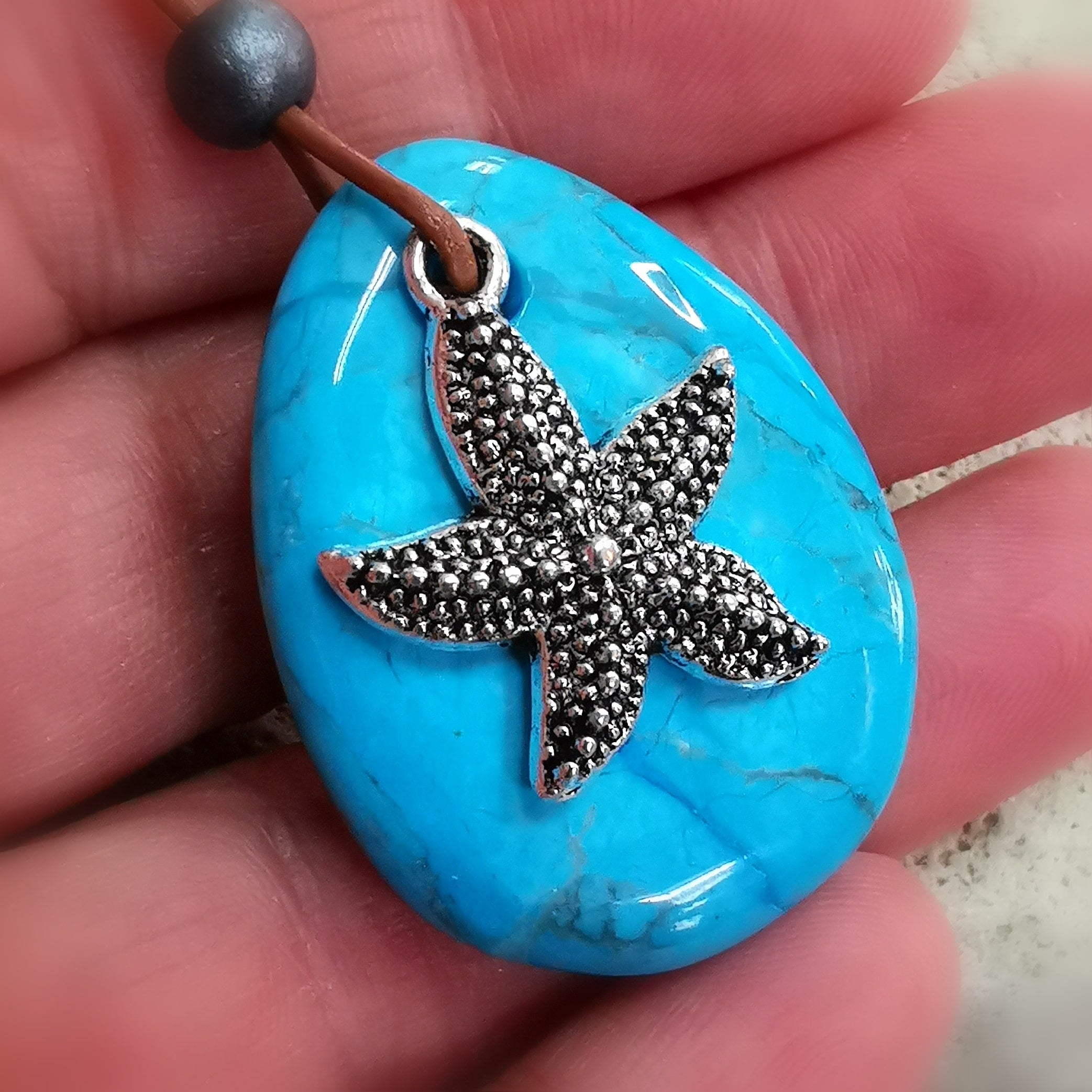 Howlite Turquoise Gemstone Amulet Starfish Power Animal Leather Necklace #Wonder