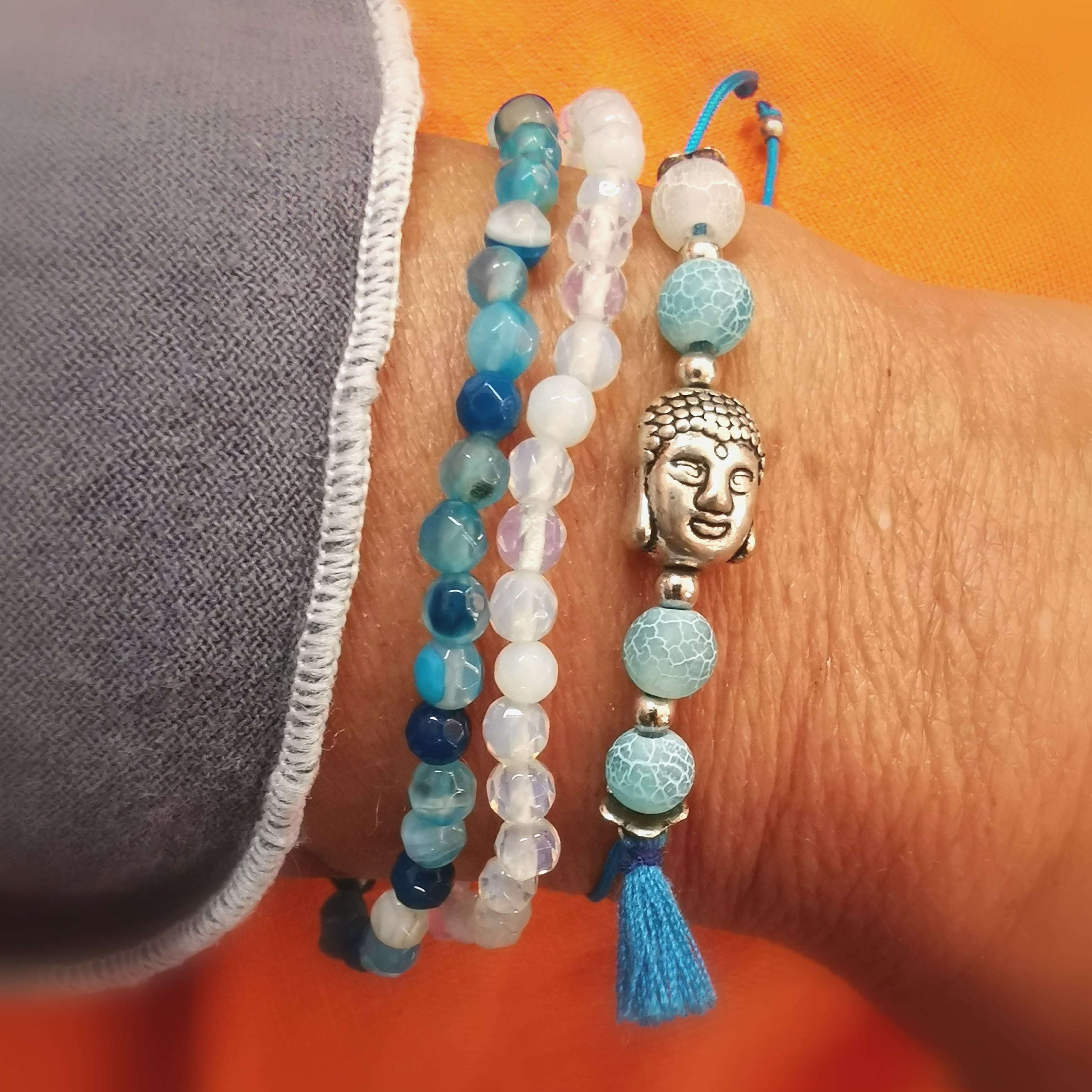 3er Armband Set Edelstein Achat Opal Buddha Karma Schmuck, Hippie Mode Armbändchen, geweiht - Gelassenheit