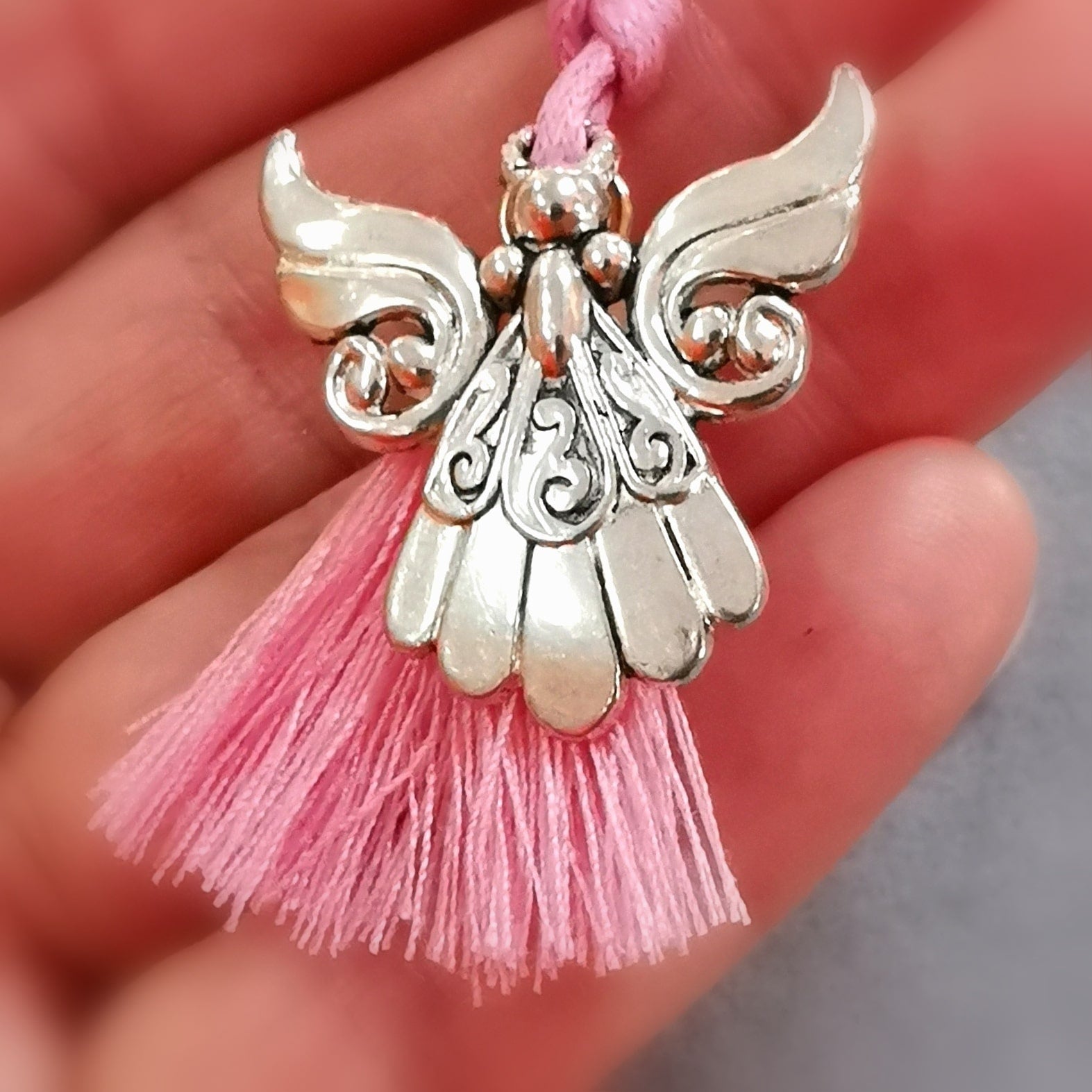 Schutzengel Karma Kette, Metall Baumwolle rosa Quaste, geweiht - Engel der Liebe