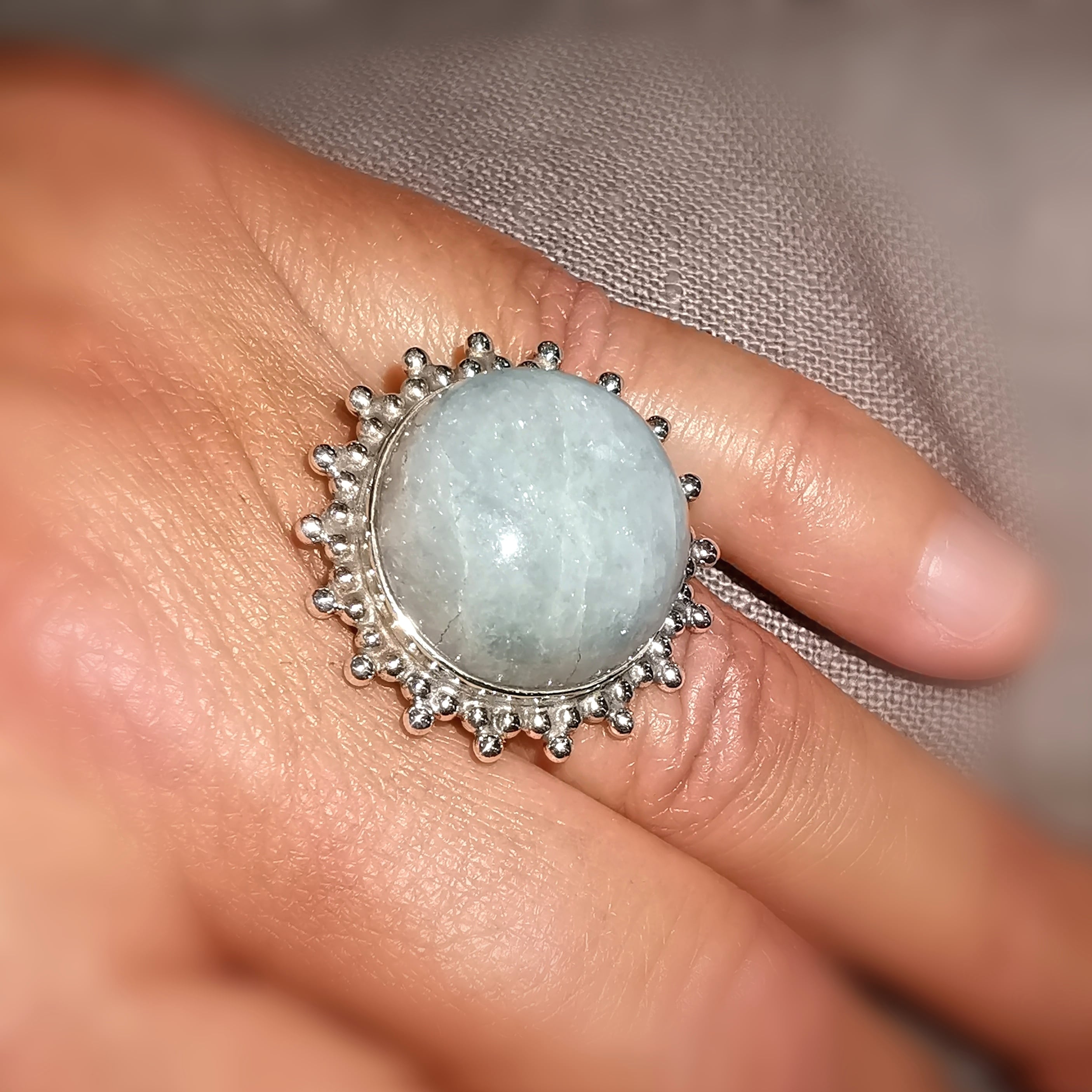 Aquamarin Sterlingsilber Boho Ring XL, Karma Edelstein Fingerring, Beryll Heilstein, das Leben feiern