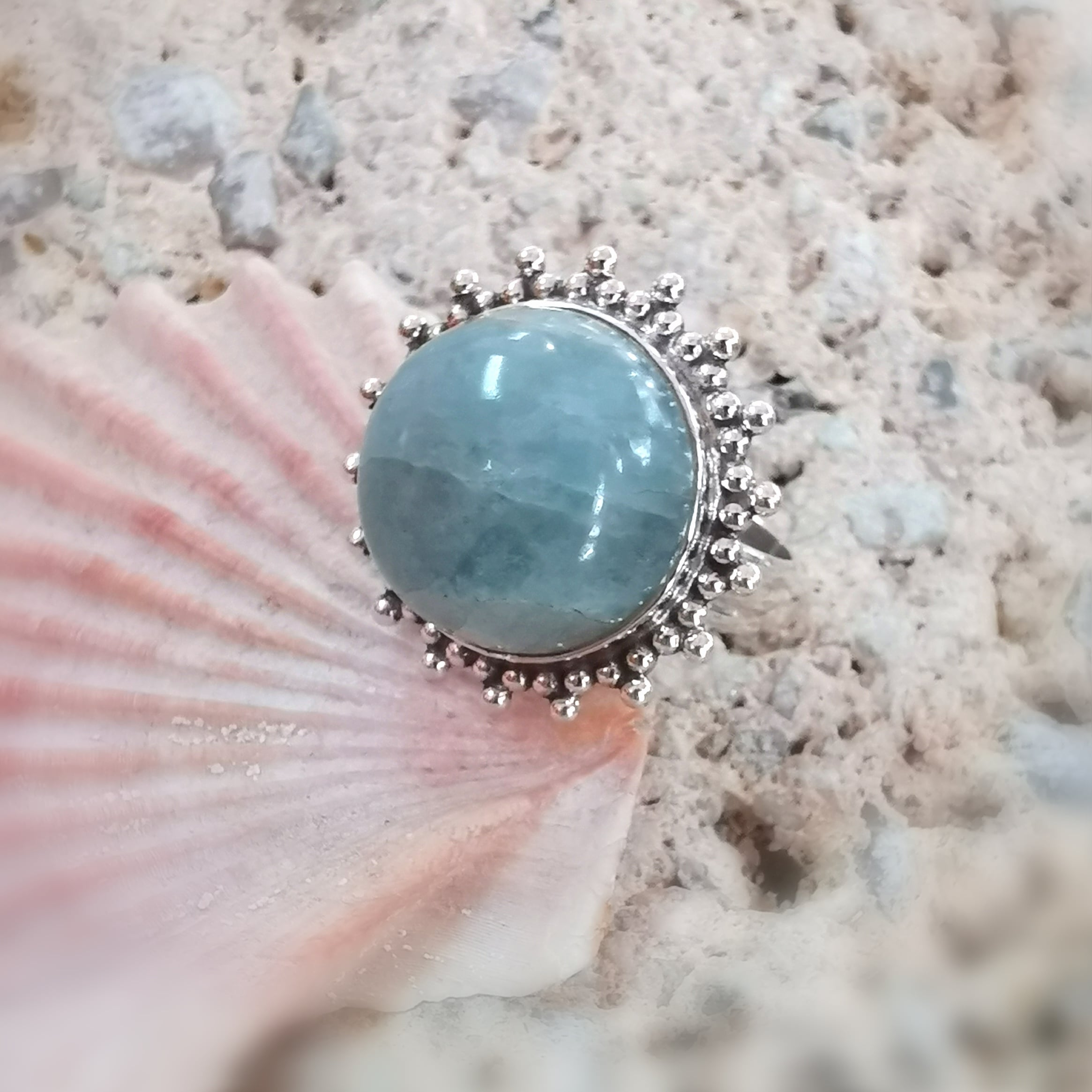 Aquamarin Sterlingsilber Boho Ring XL, Karma Edelstein Fingerring, Beryll Heilstein, das Leben feiern