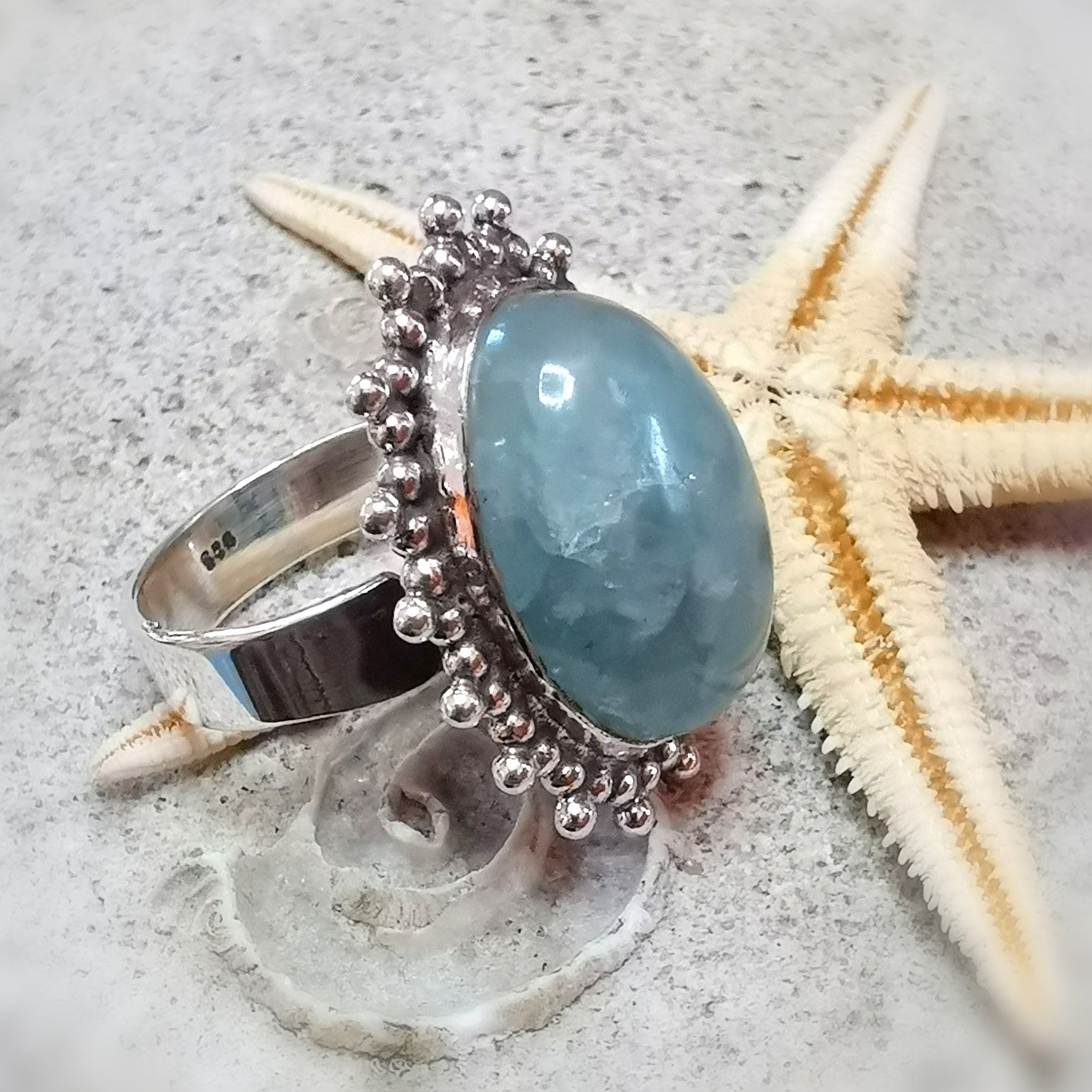 Aquamarin Boho Chakra Edelstein Sterlingsilber Karma Ring, Fest der Freude