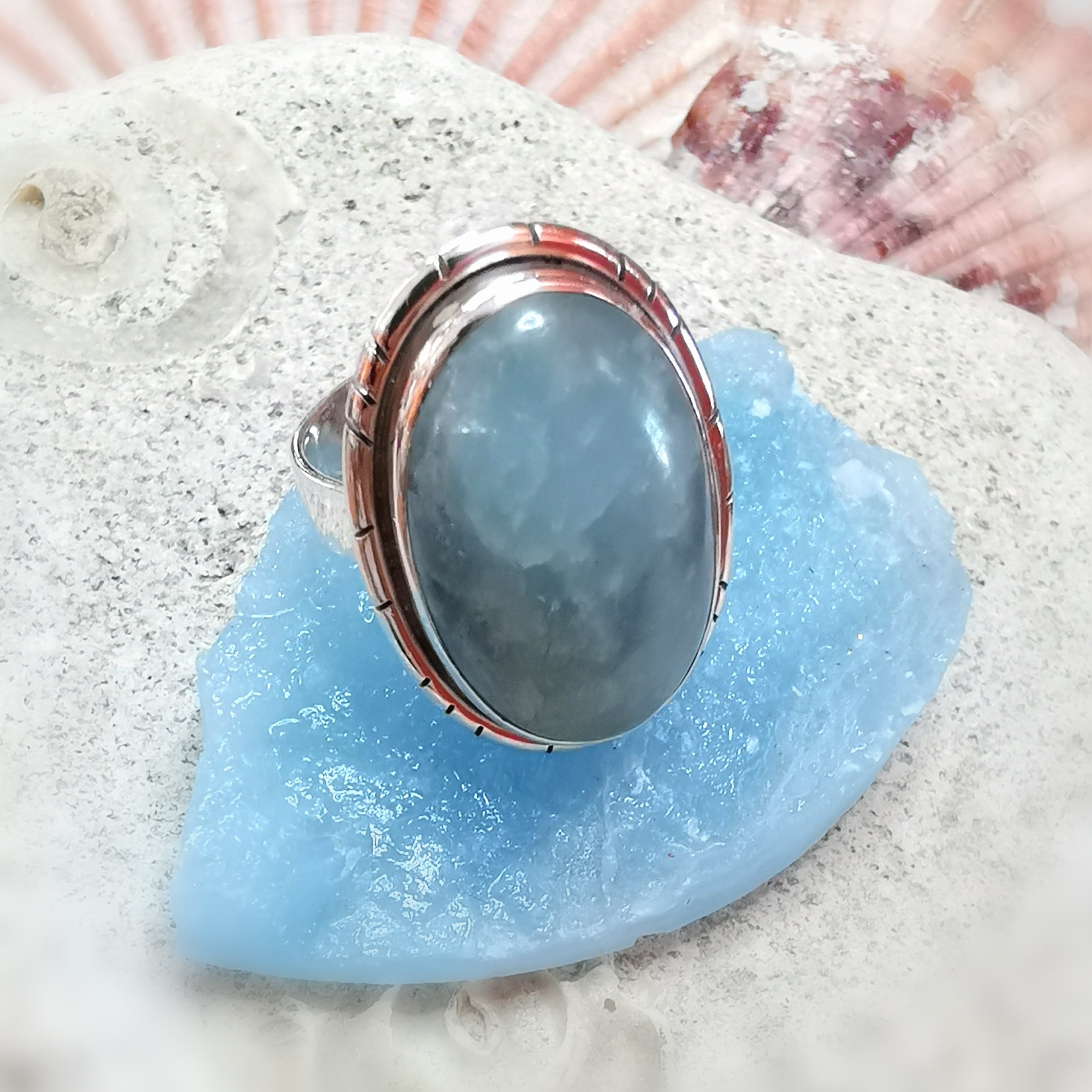 Aquamarin blauer Beryll Ring, oval, Sterlingsilber Heilstein Karma Ring, Größe verstellbar, Erfrischung