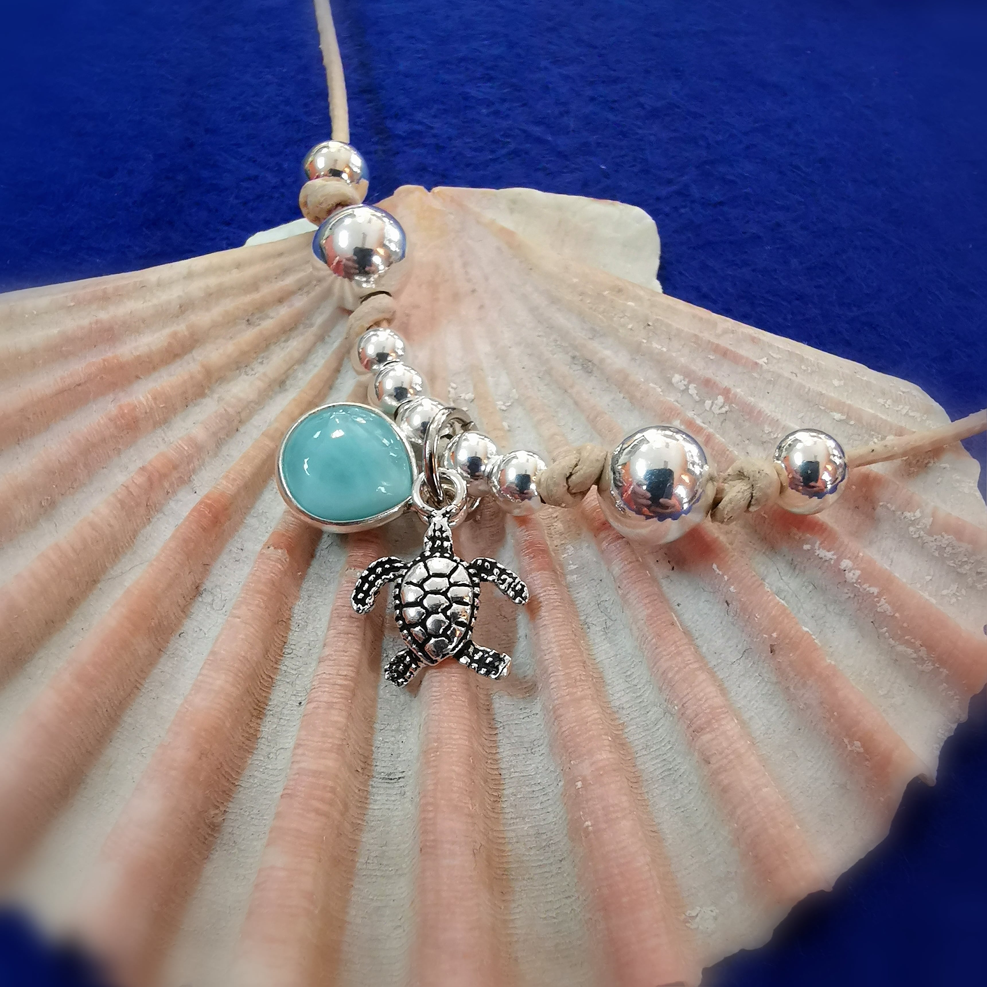 Larimar Edelstein Schildkröte Krafttier Karma Leder Kette, Chakra Reiki Talisman, Gelassenheit