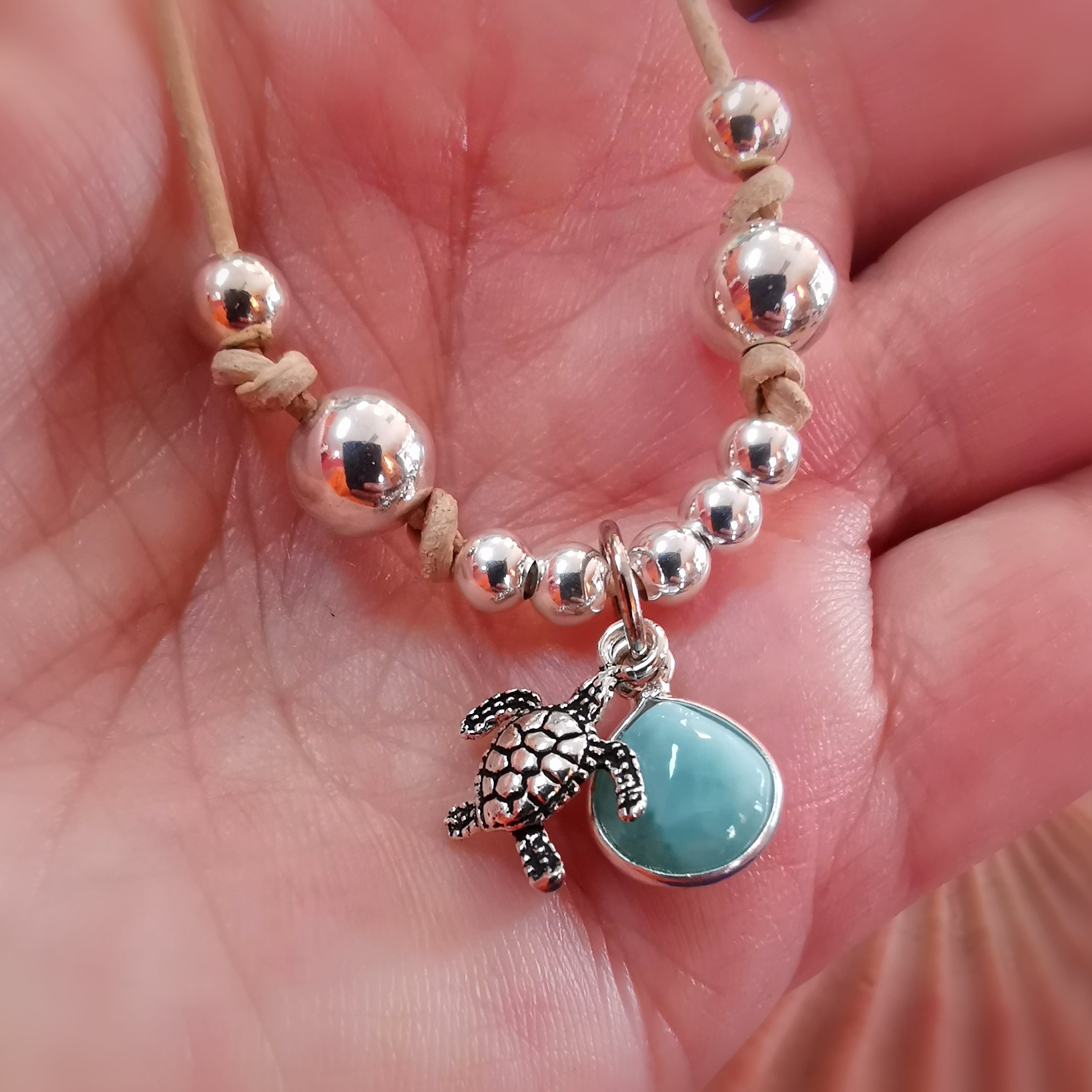 Larimar Edelstein Schildkröte Krafttier Karma Leder Kette, Chakra Reiki Talisman, Gelassenheit