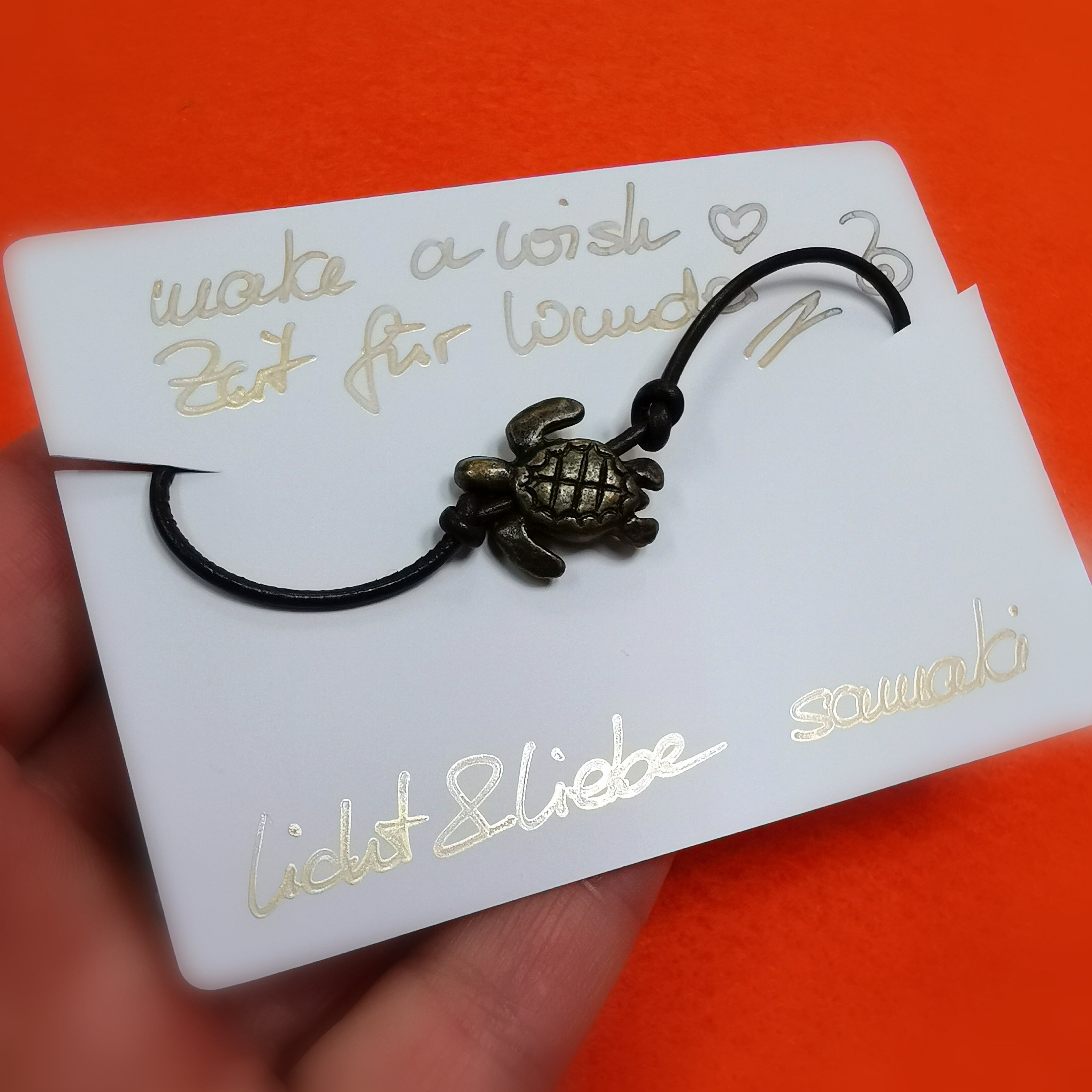 Schildkröte Metall Leder Hippie Armband, Zeit für Wunder, geweiht Karma Krafttier Armbändchen