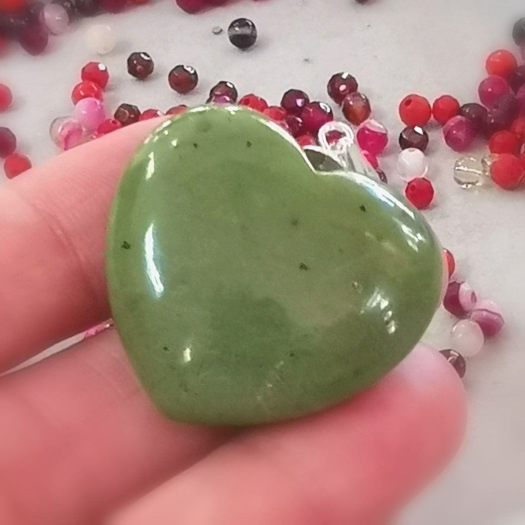 Jade Nephrite Gemstone Heart Pendant, Karma Healing Stone, Sterling Silver Eyelet, Consecrated, Heart and Soul