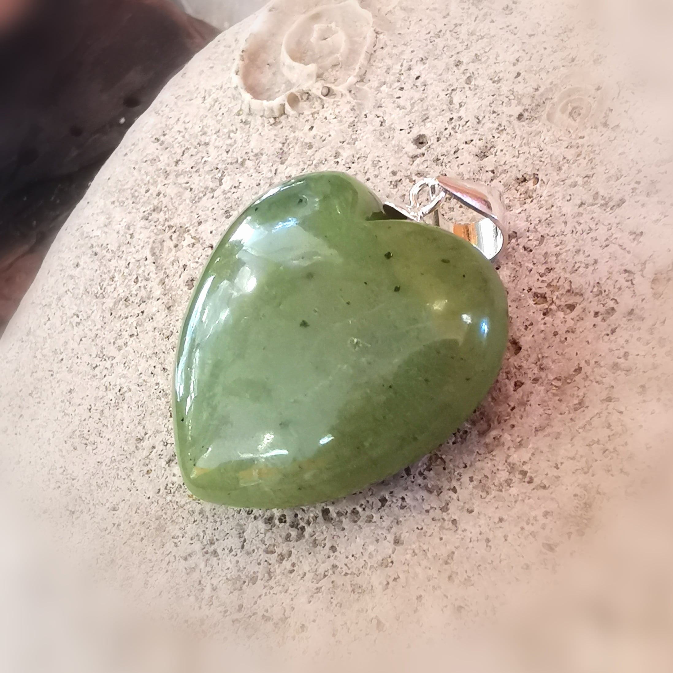 Jade Nephrite Gemstone Heart Pendant, Karma Healing Stone, Sterling Silver Eyelet, Consecrated, Heart and Soul